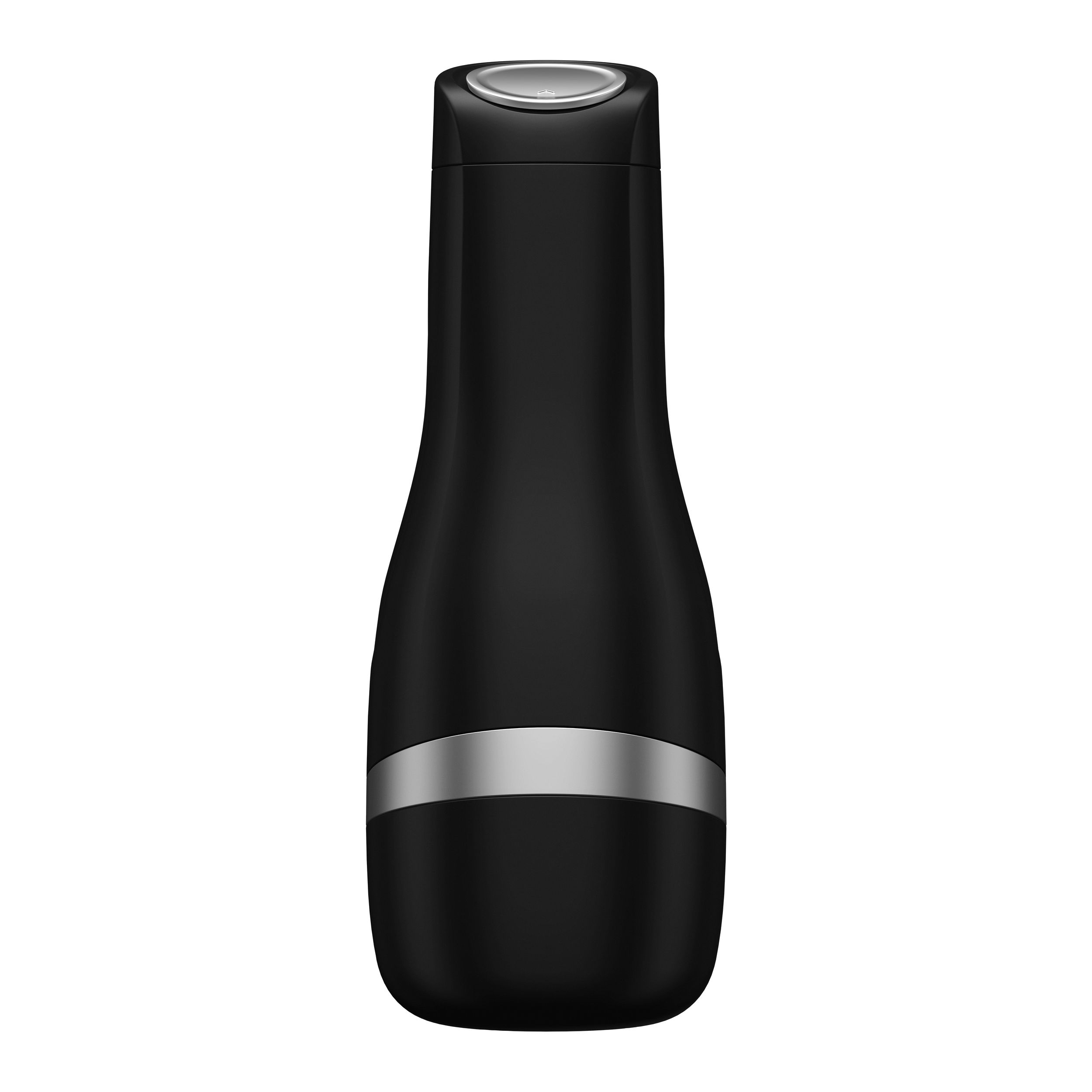 Czarny wibrator ze srebrną opaską, eleganckim designem i podłużnym kształtem. Stoi pionowo.