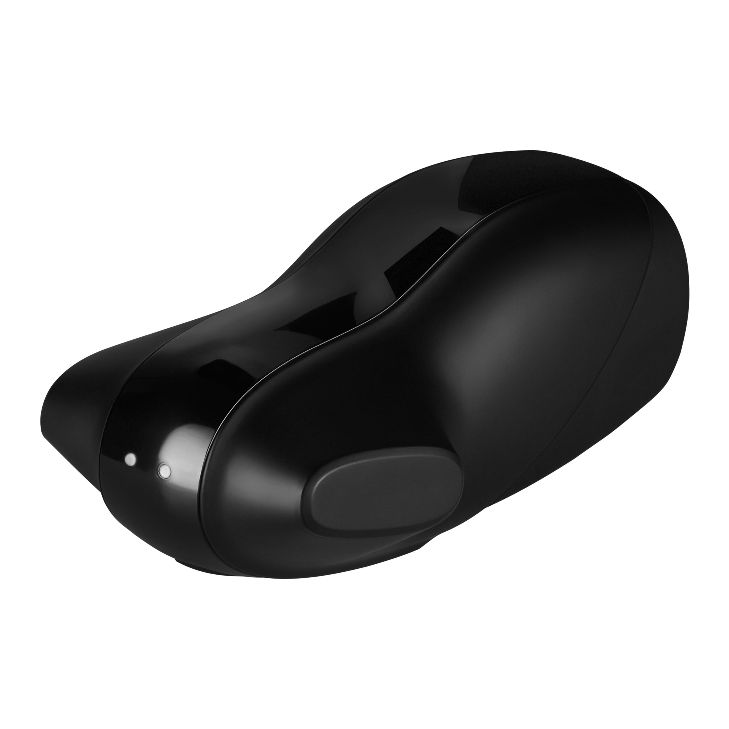 Czarny, zakrzywiony przedmiot z dwoma małymi światłami. Owalny kształt, gładka powierzchnia.