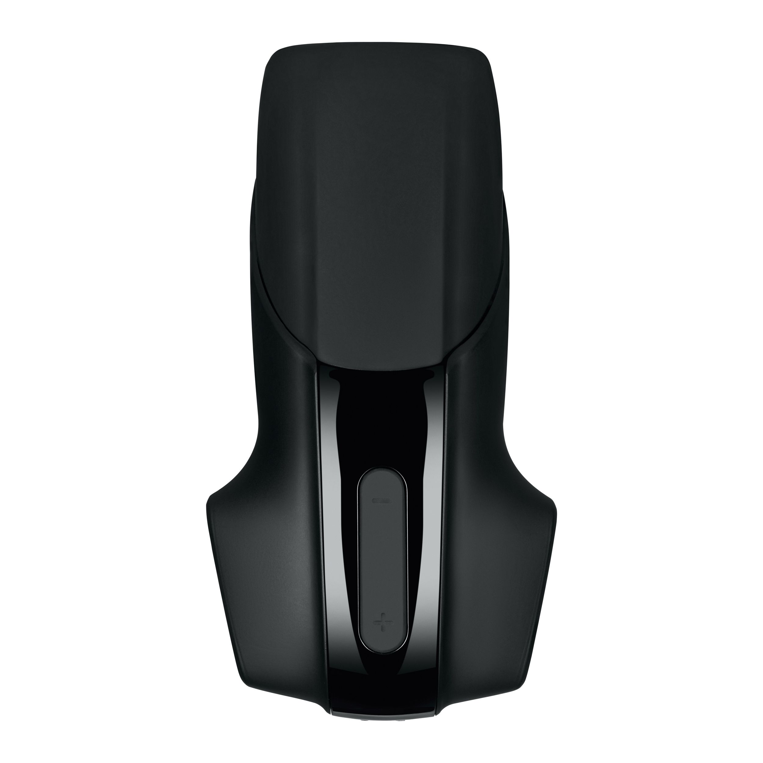 Czarna golarka na białym tle. Golarka ma zakrzywiony kształt i mały przycisk.