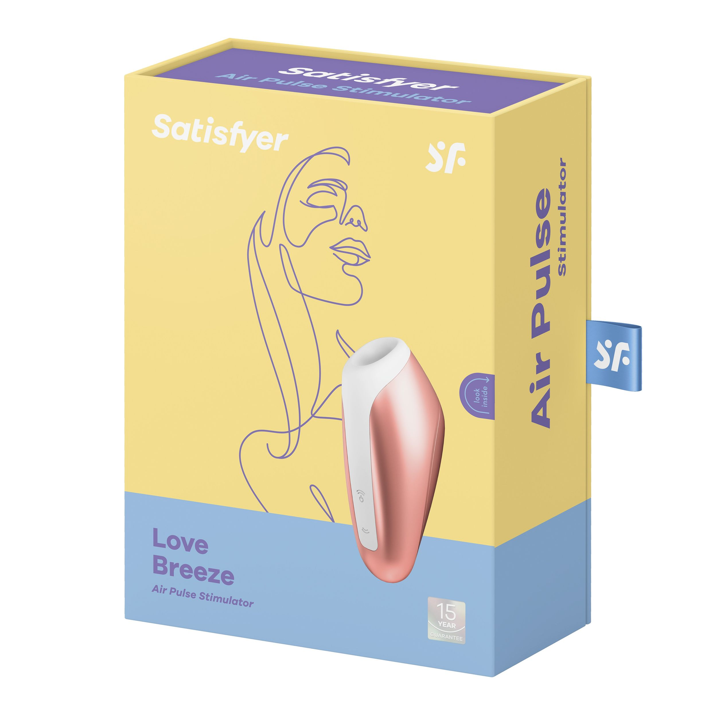Caja del Satisfyer Love Breeze Air Pulse Stimulator, sobre fondo amarillo y azul.