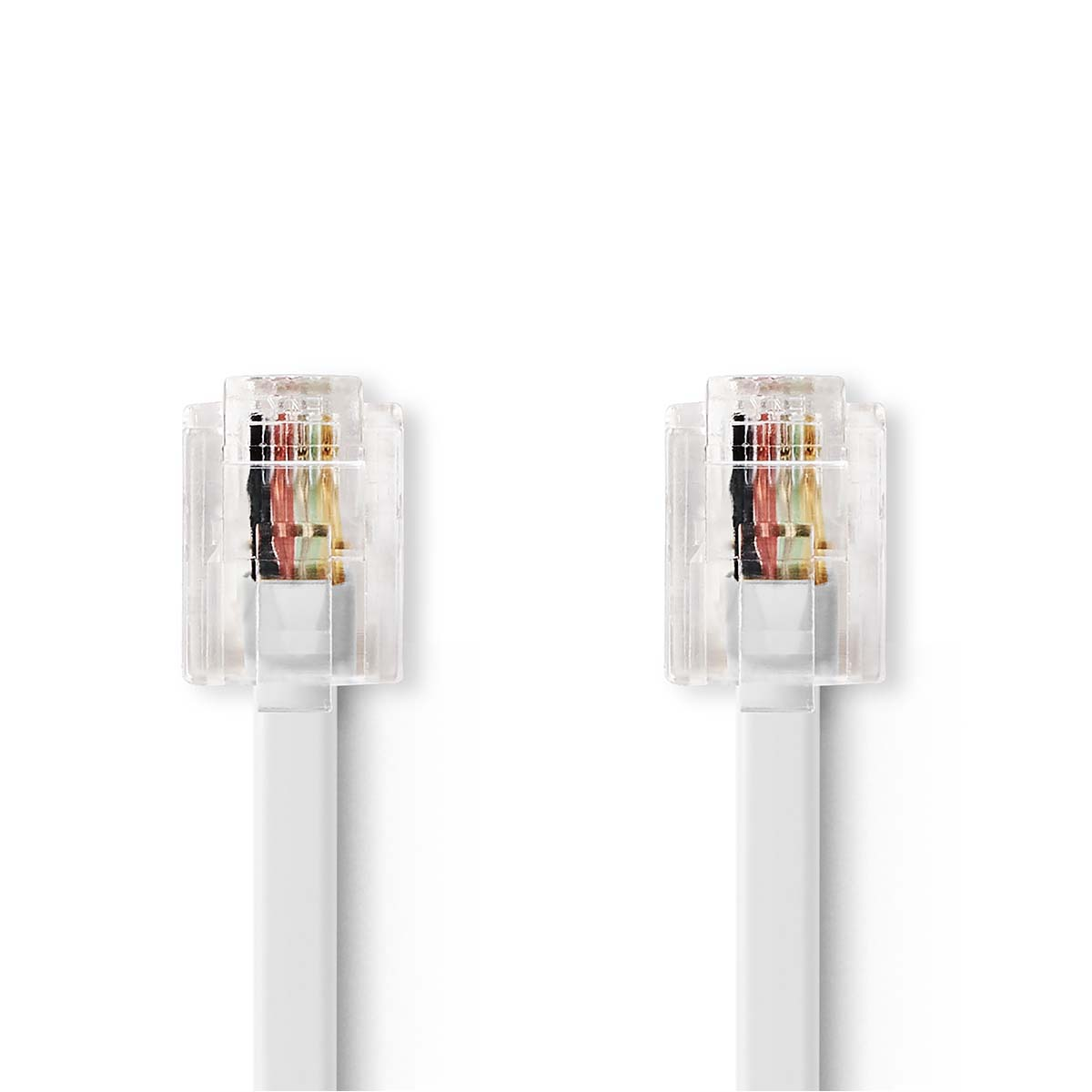 Deux connecteurs de câble Ethernet blancs avec des fils colorés visibles.