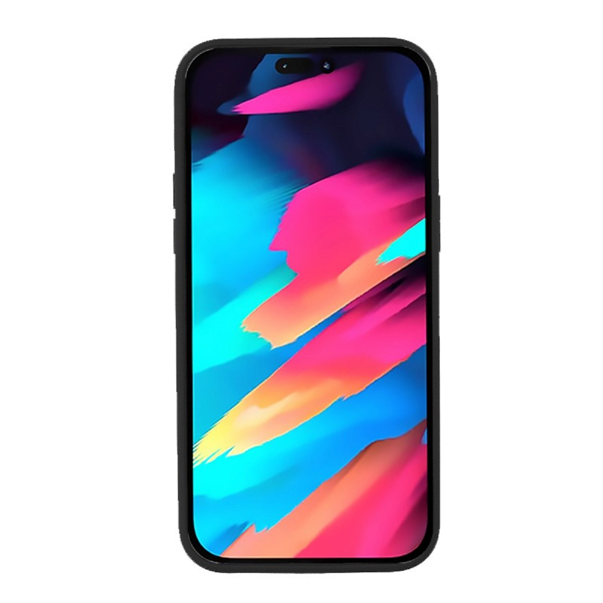 Ein Smartphone in einer schwarzen Hülle, das ein farbenfrohes abstraktes Design zeigt. Das Telefon ist in einer Hülle.