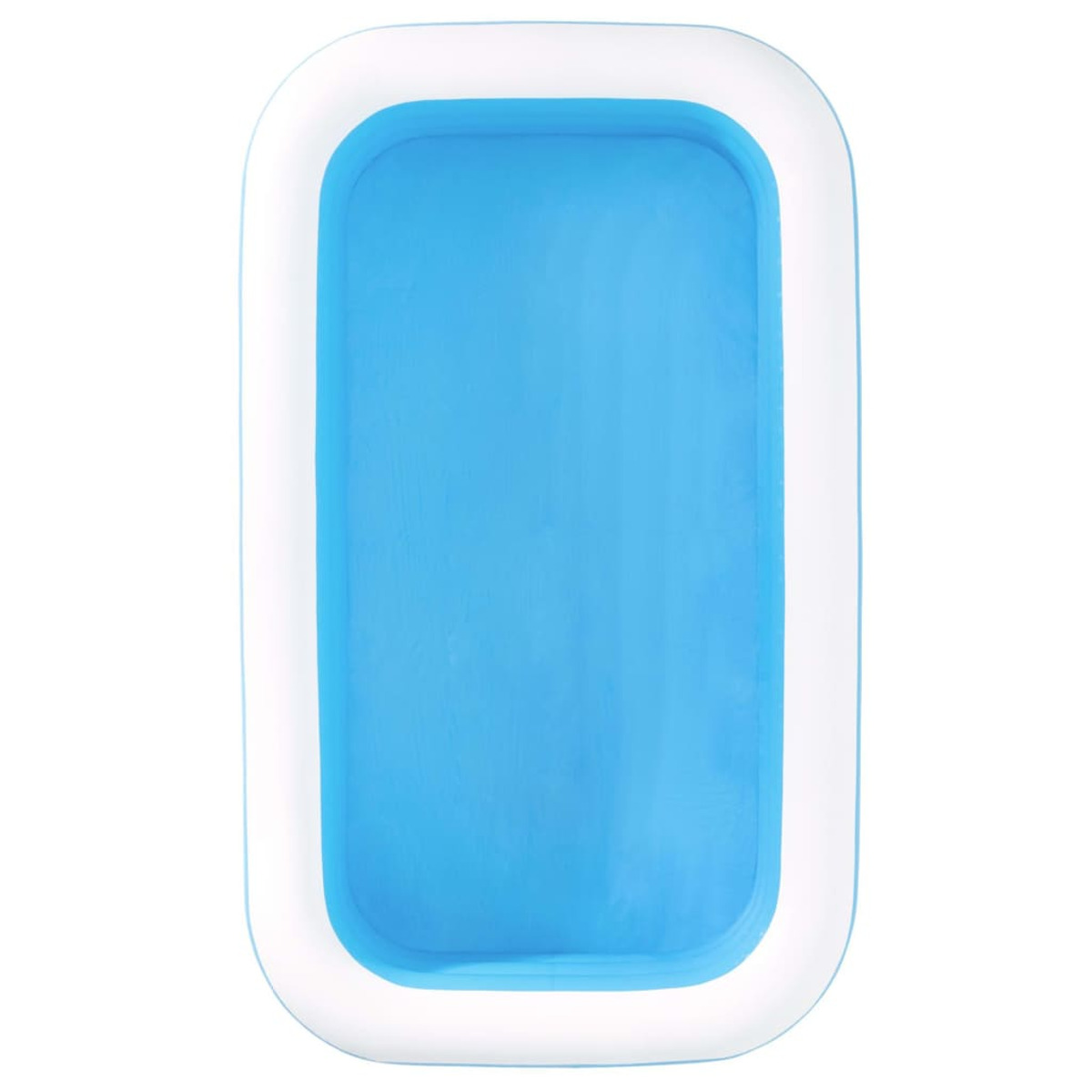 Rechteckiger aufblasbarer Pool mit blauem Wasser und weißem Rand, Draufsicht.