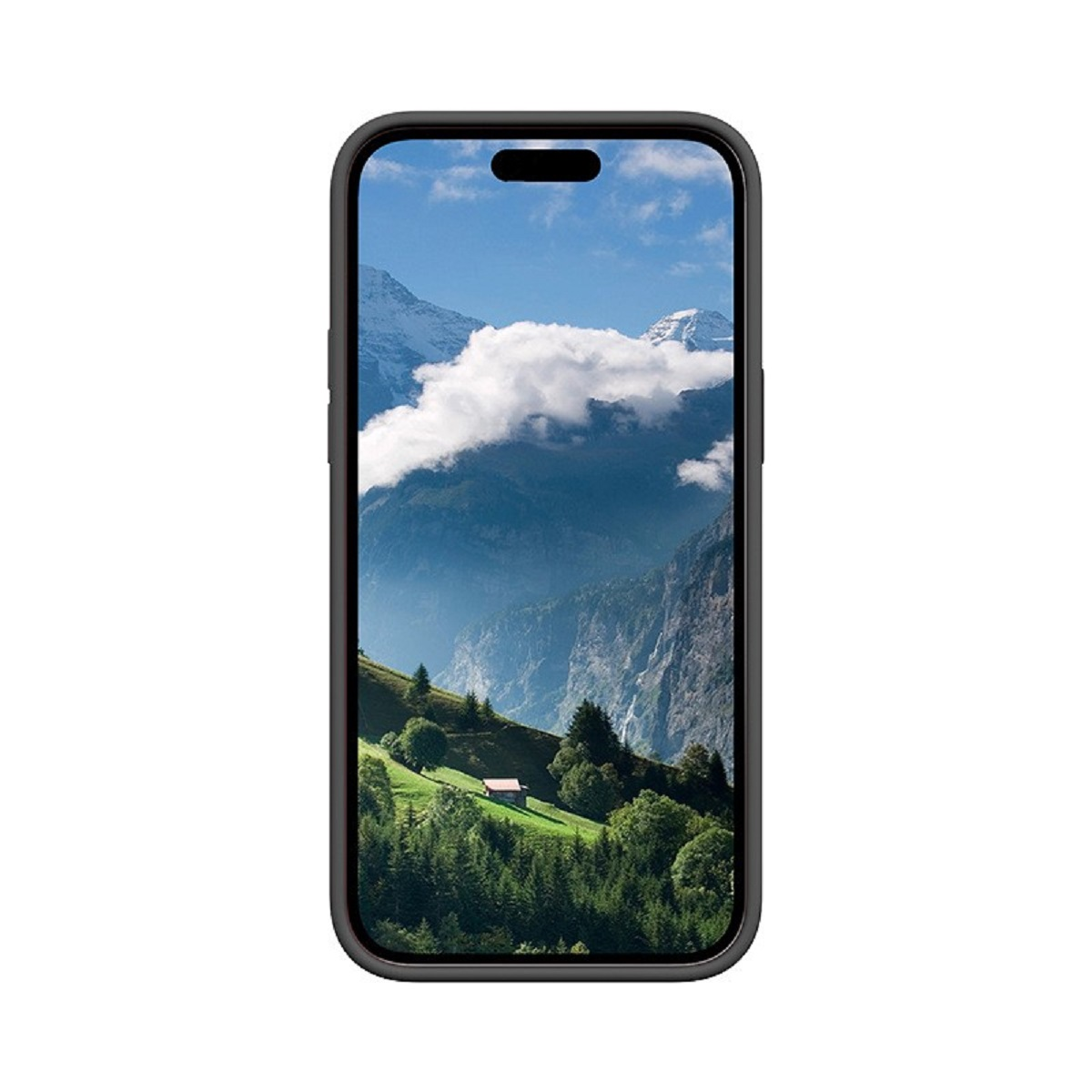 Smartphone avec paysage de montagnes et un lac. Dans un étui.