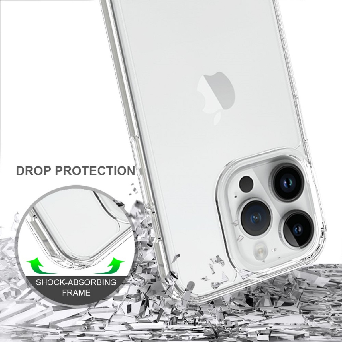 Eine transparente Handyhülle mit stoßabsorbierendem Rahmen. Die Hülle ist transparent, mit klarem Rahmen und Telefon.