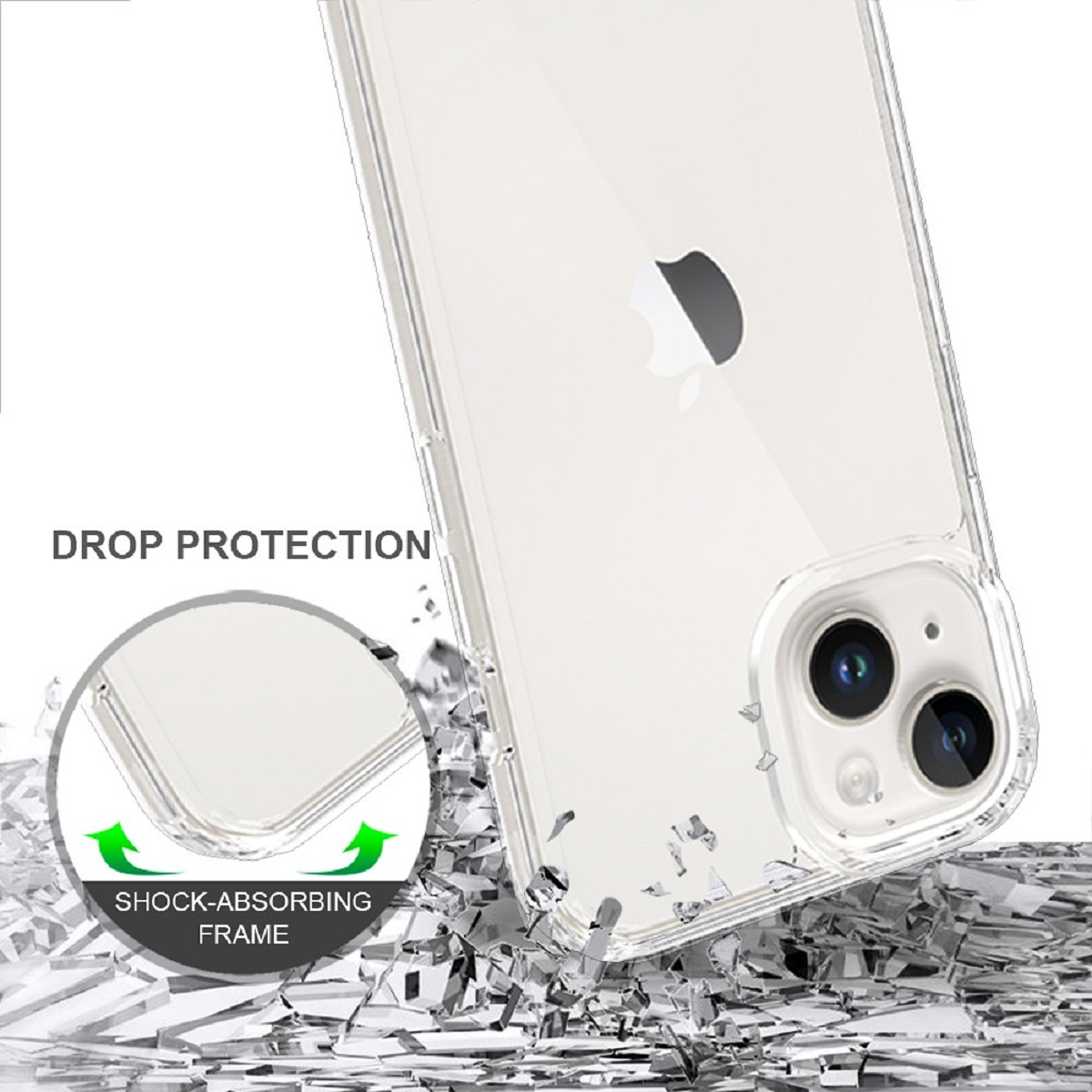 Ein Handycase mit durchsichtigem Rücken über zerbrochenem Glas. Stoßdämpfender Rahmen.