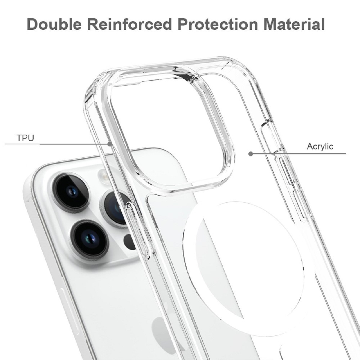 Klare Handyhülle mit doppelt verstärkten Schichten. Acryl- und TPU-Materialien sind beschriftet.