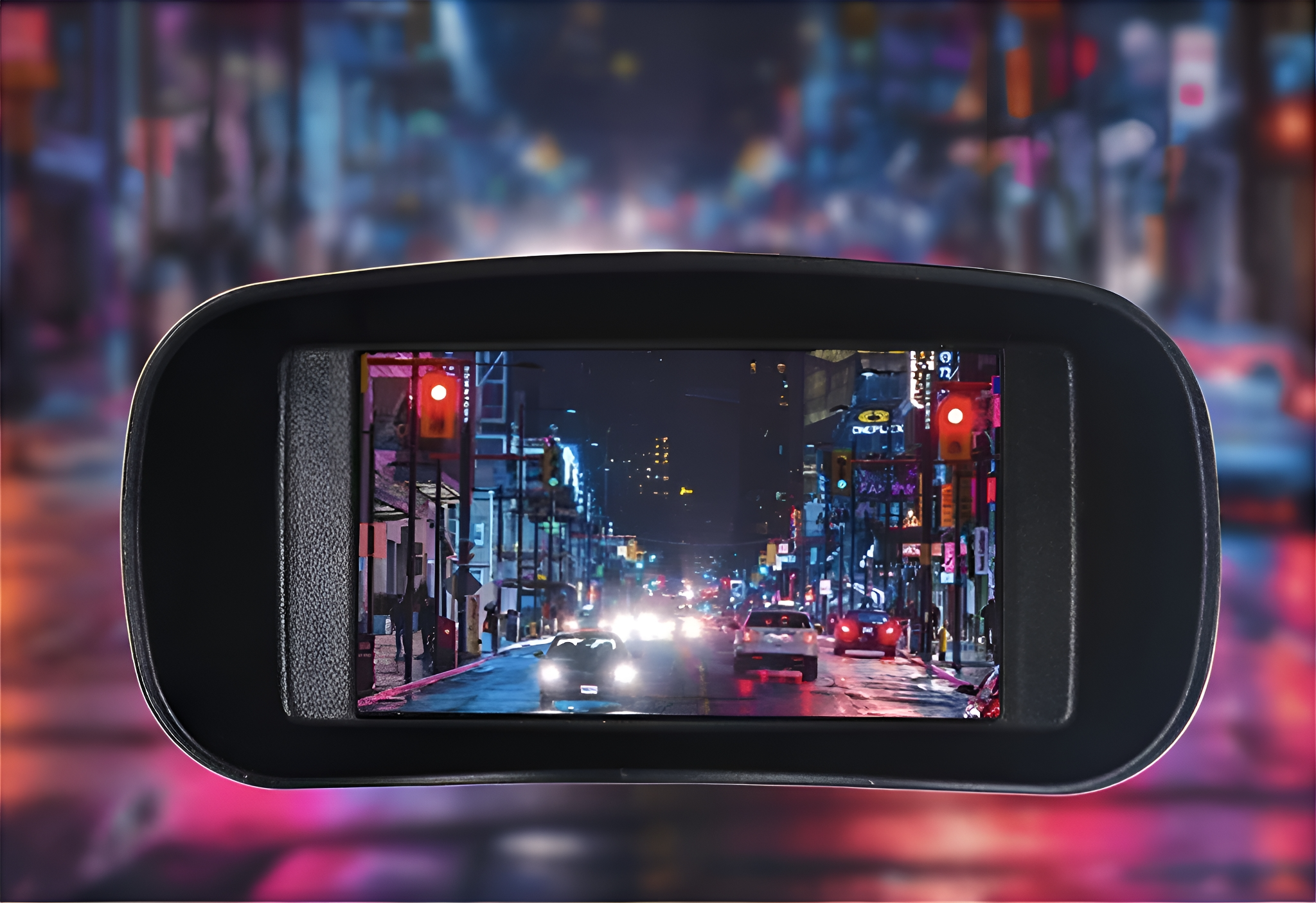 Auto-Armaturenbrettbildschirm, der eine Stadtstraße bei Nacht mit Autos und Ampeln zeigt.