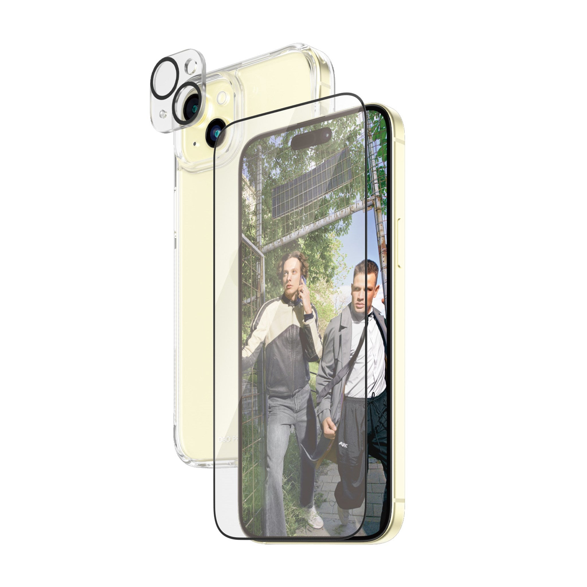 Una custodia trasparente per telefono con due telefoni all'interno, uno con un'immagine di una scena e uno con la fotocamera.