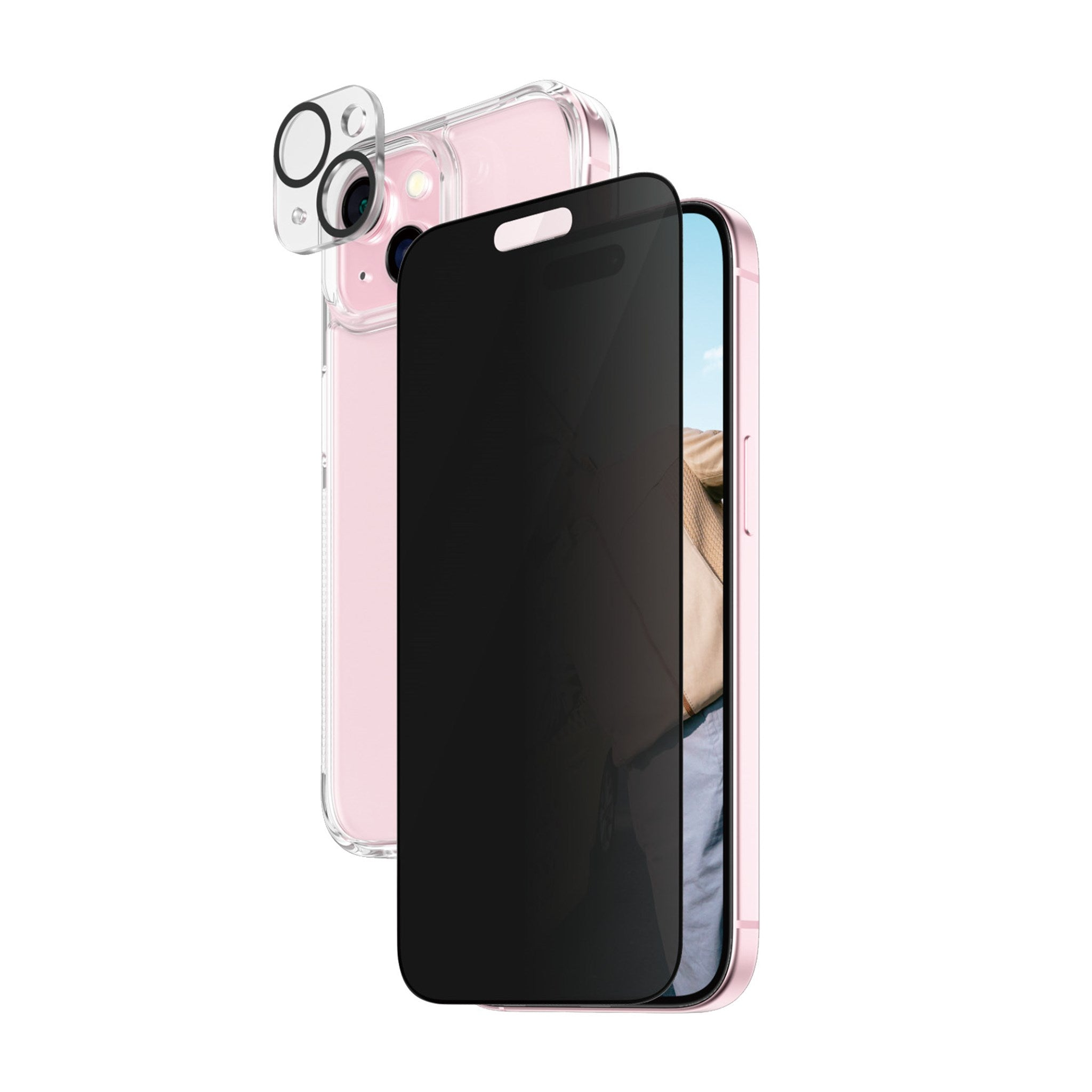 Rosa iPhone mit Displayschutz und Kameraschutz. Weißer Hintergrund.