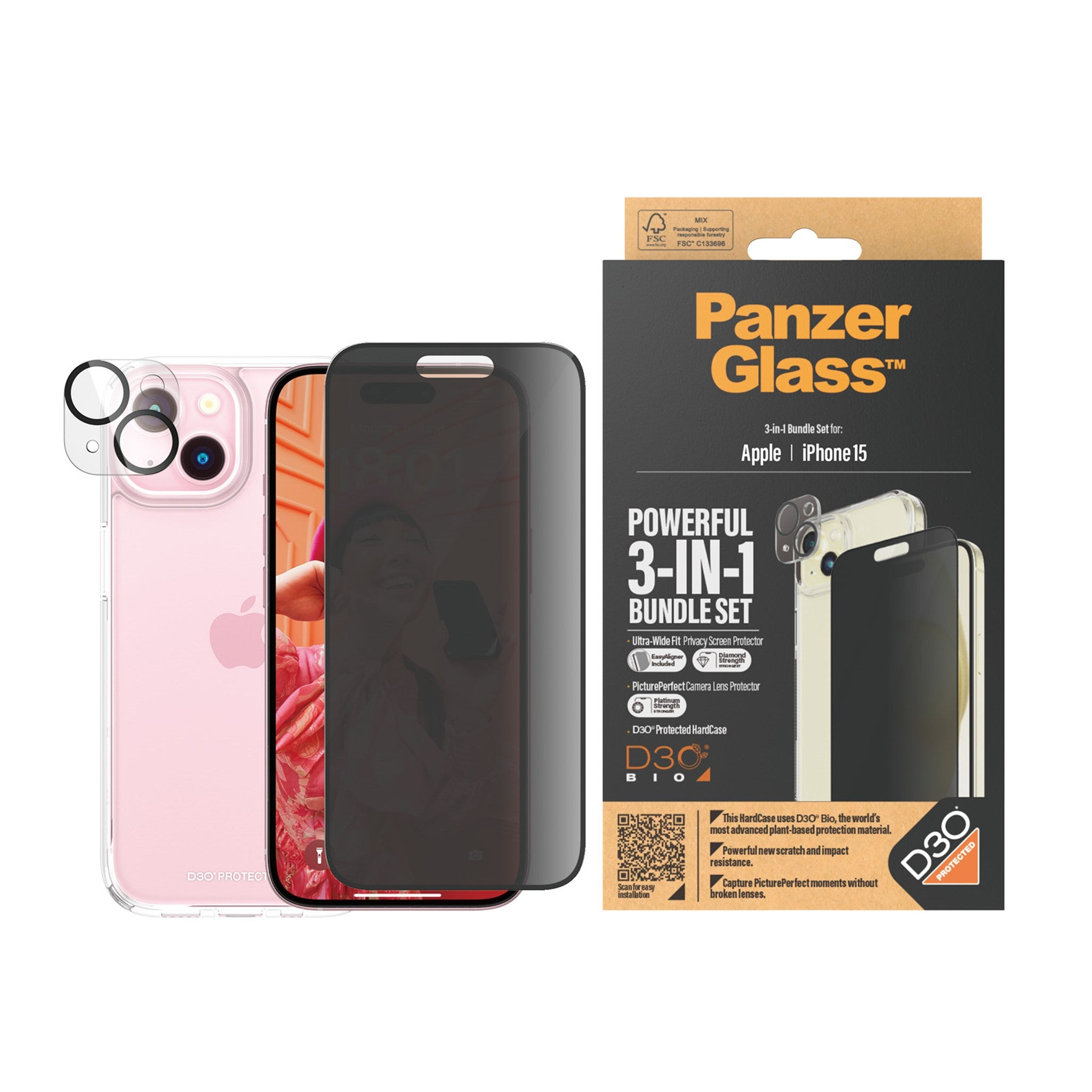 iPhone und Zubehör. Displayschutzfolie und Kameralinsenabdeckung in einer PanzerGlass-Box.