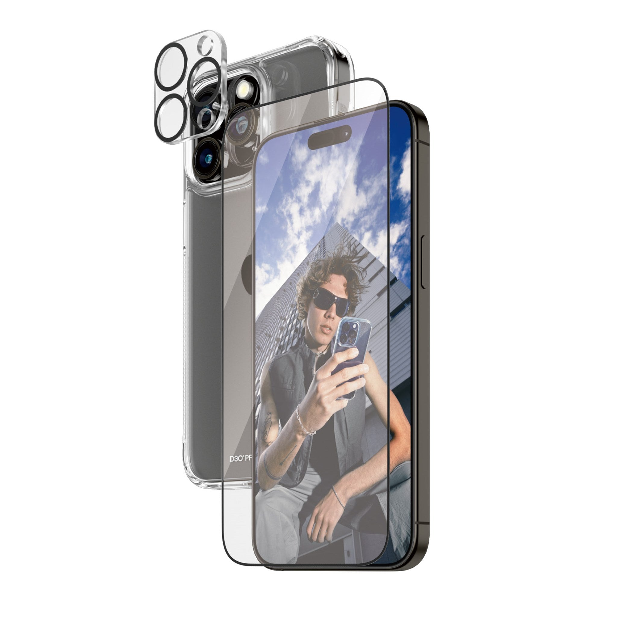 Ekran koruyucu ve kamera kapağı olan bir telefon, ekranda bir kişi var.