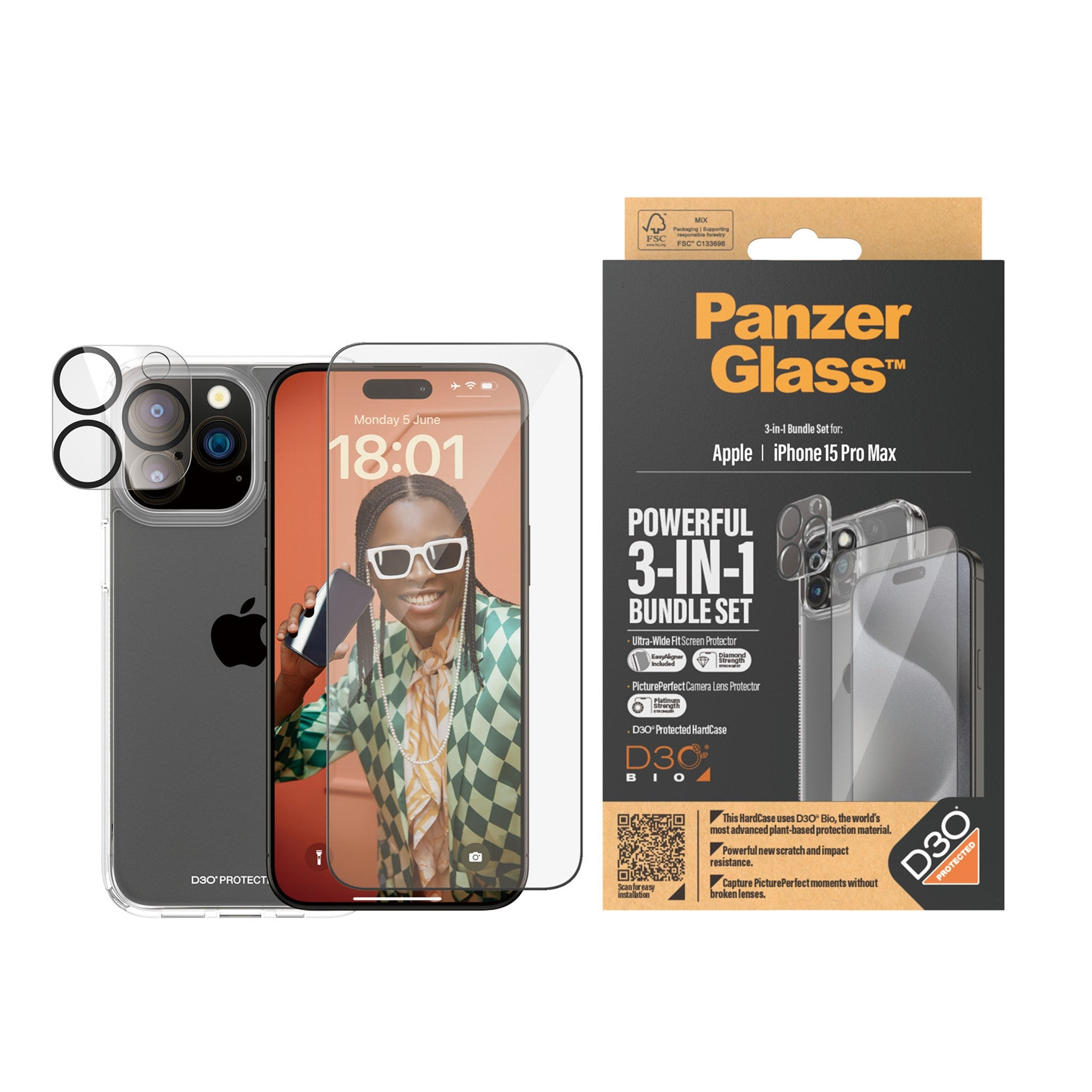 PanzerGlass etiketli bir kutunun yanında ekran koruyuculu ve kamera koruyuculu bir telefon.