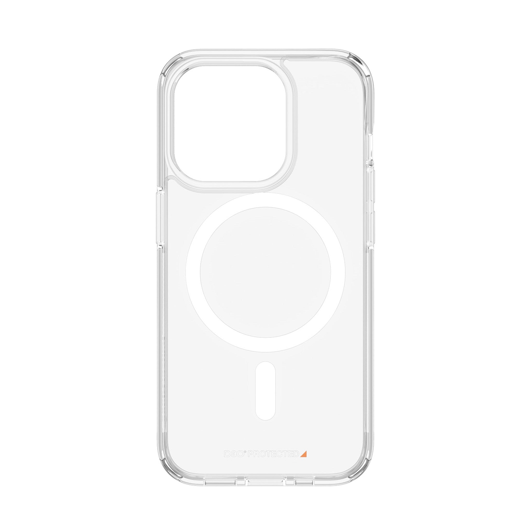 Transparente Handyhülle mit MagSafe-Ring. Die Hülle ist transparent, mit weißem Ring und Kameraausschnitten.