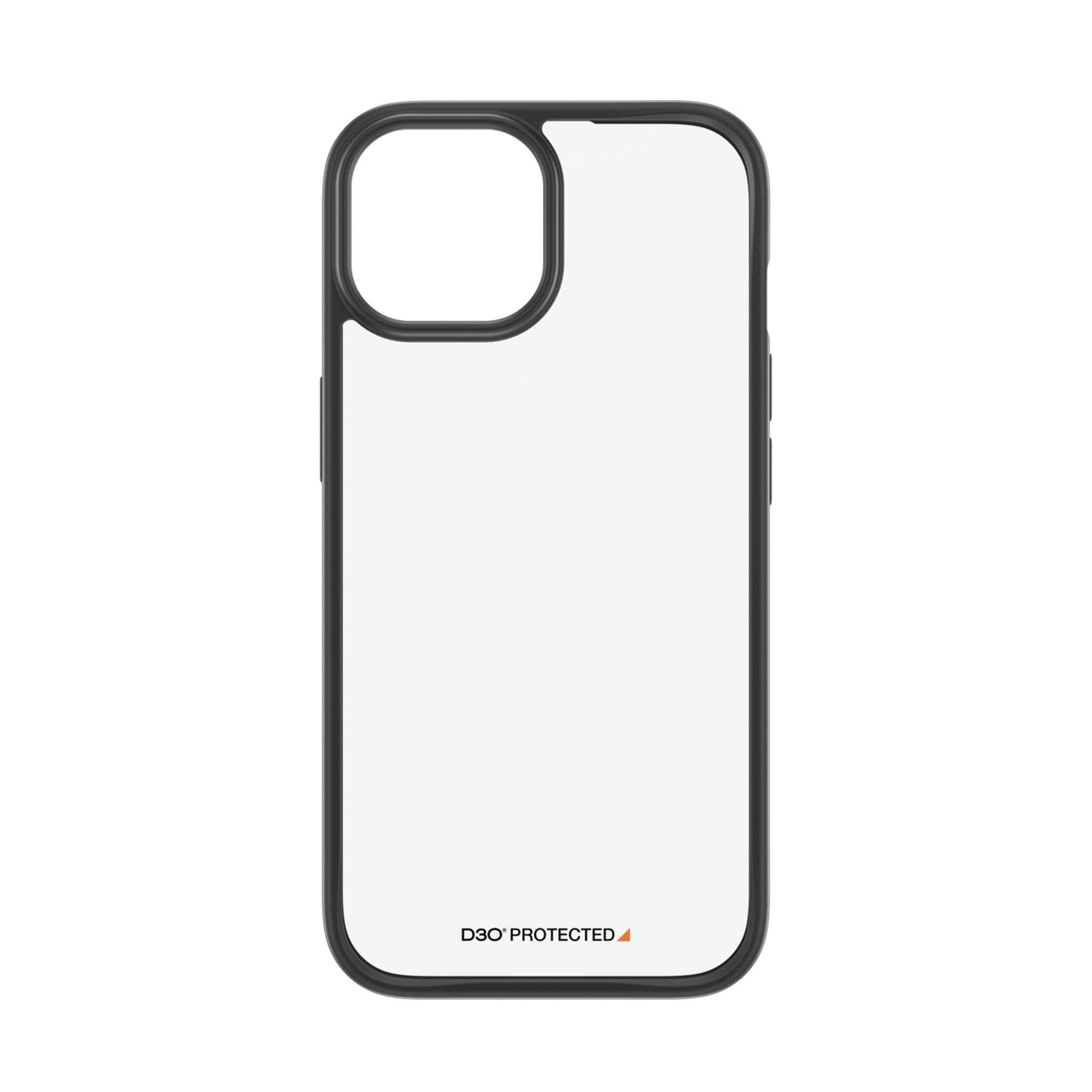 Eine transparente iPhone-Hülle mit schwarzem Rahmen. Unten befindet sich das Logo 'D3O PROTECTED'. Der Hintergrund ist weiß.