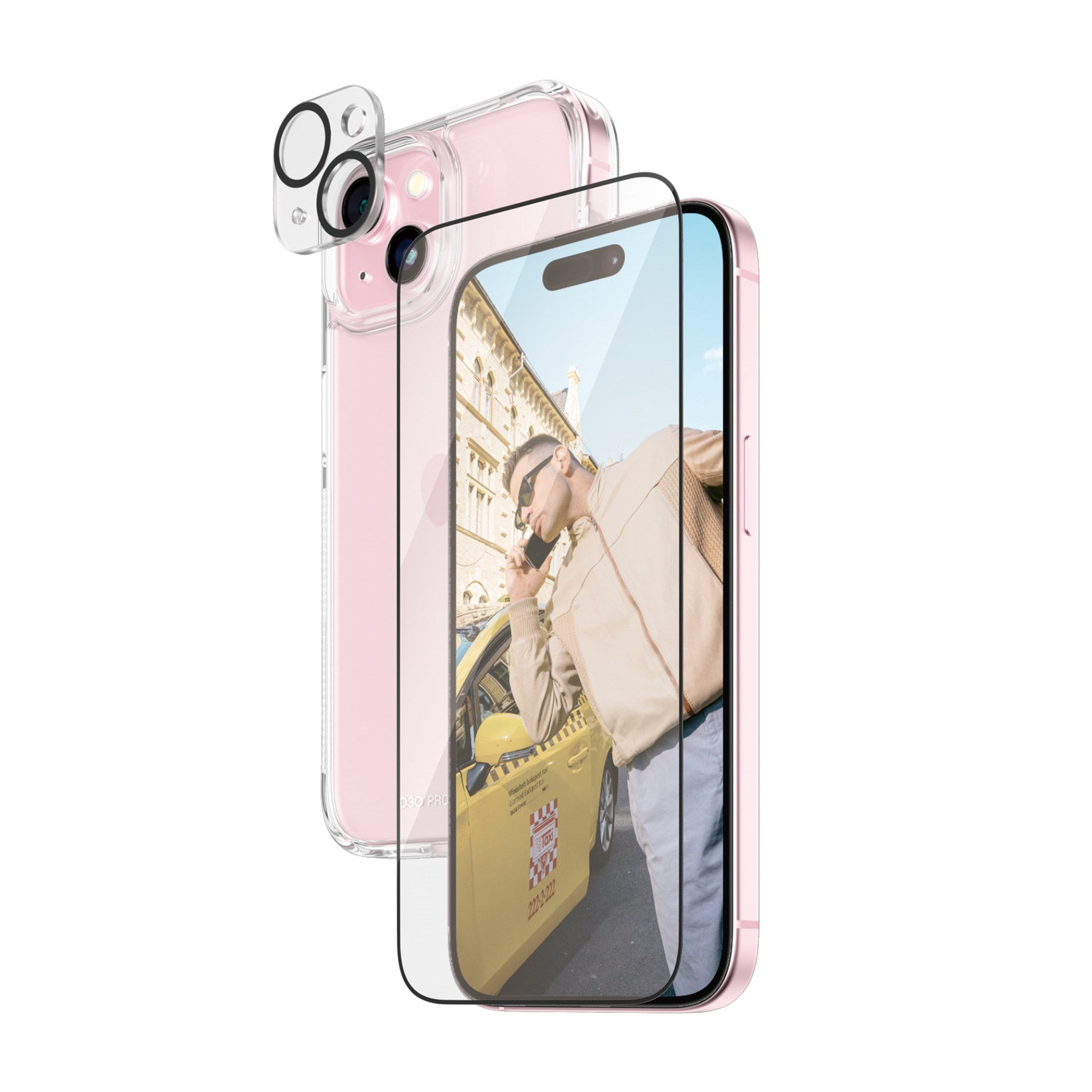 Téléphone rose avec protecteur d'écran, personne sur l'écran, coque transparente et protecteurs de caméra.