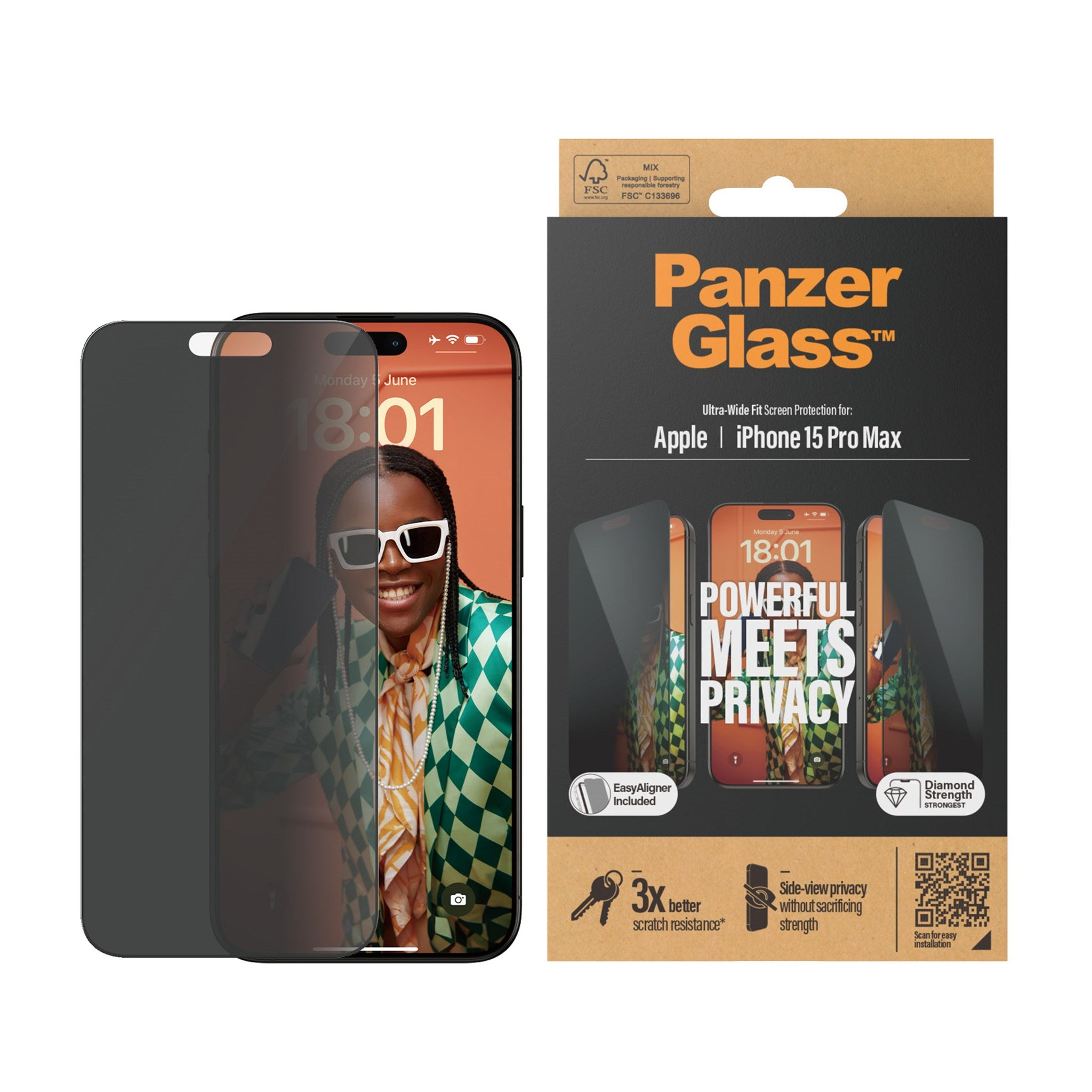 PANZERGLASS Max) Fit Displayschutz(für Apple iPhone Privacy Pro 15 Ultra-Wide