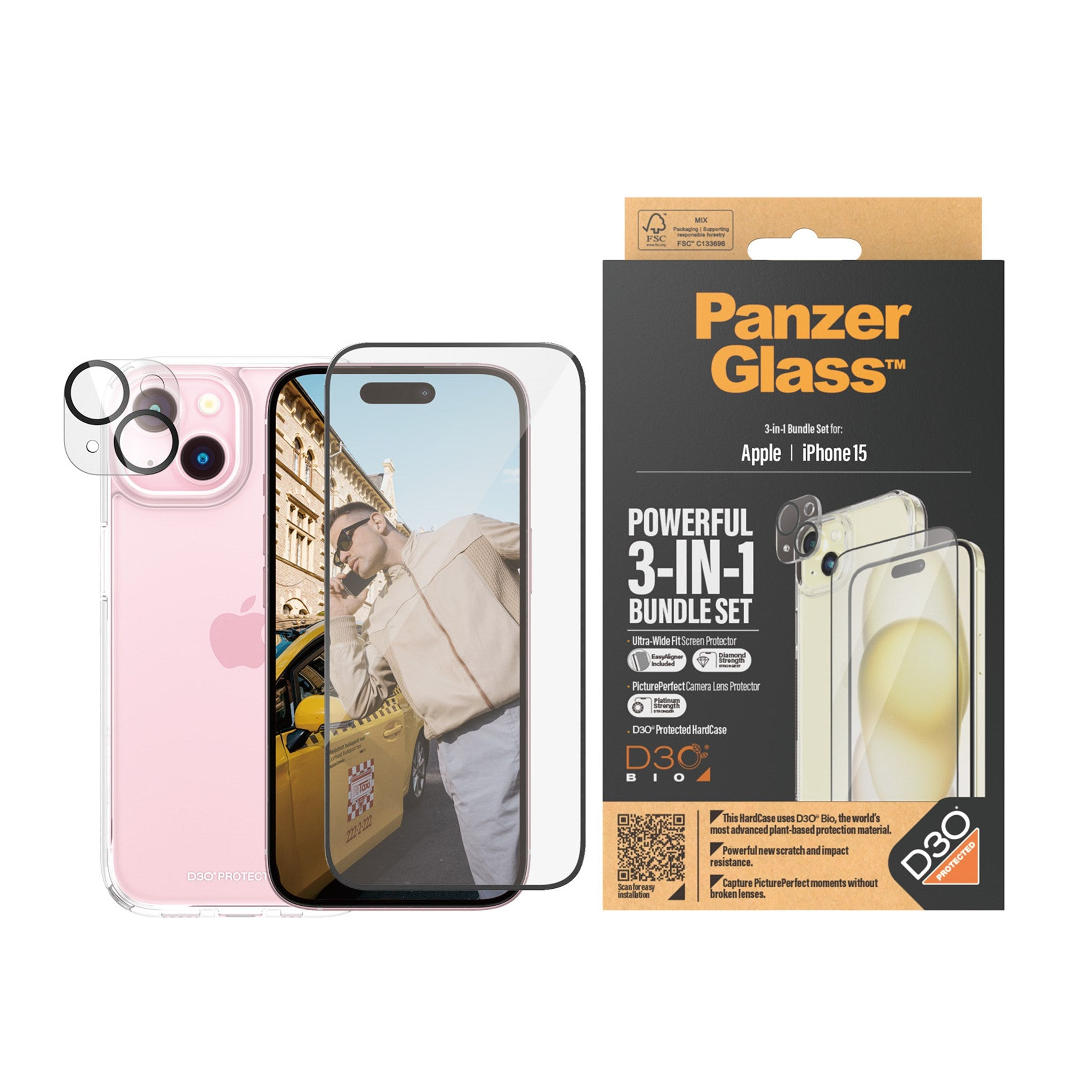 iPhone avec coque transparente et protecteur d'écran, avec une boîte de produit, le tout sur une surface blanche.