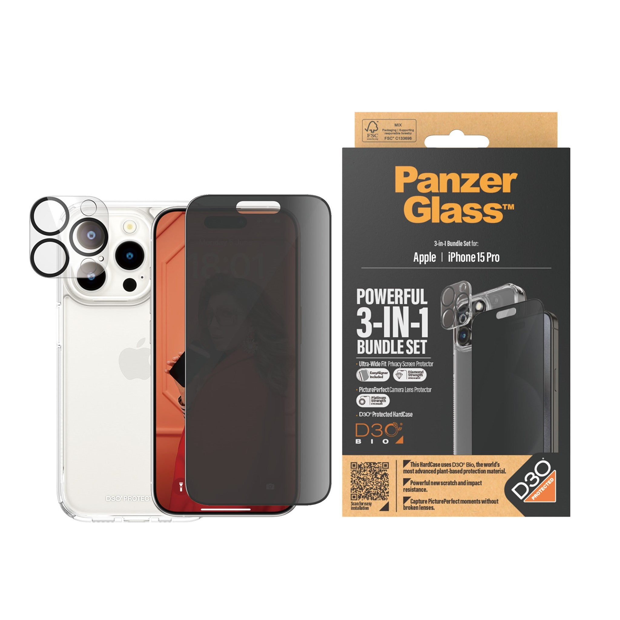 Aksesuarlı iPhone, gizlilik ekranı, lens koruyucular ve ambalaj. Siyah ve şeffaf renk düzeni.