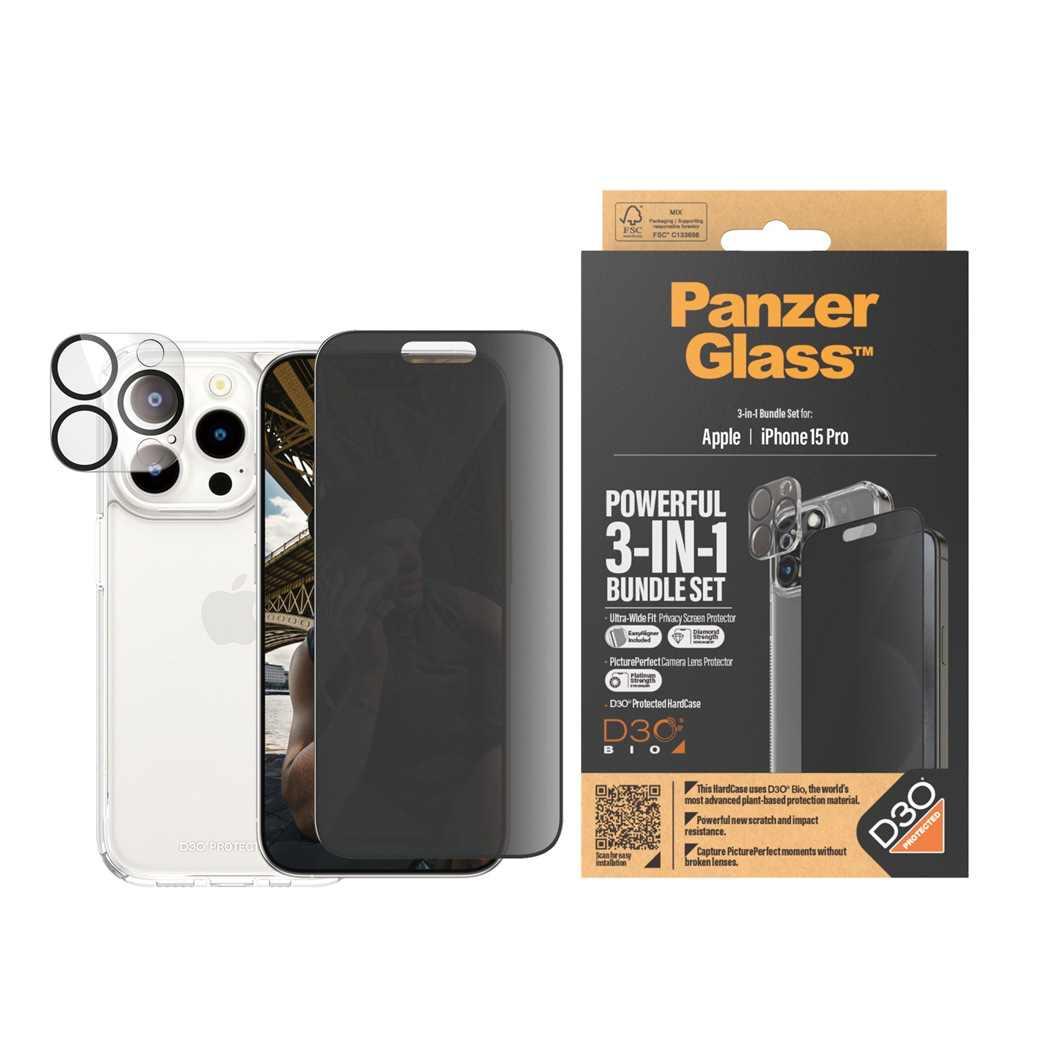 Aksesuarlı iPhone, gizlilik ekranı, lens koruyucular ve ambalaj. Ekran bir köprü gösteriyor.
