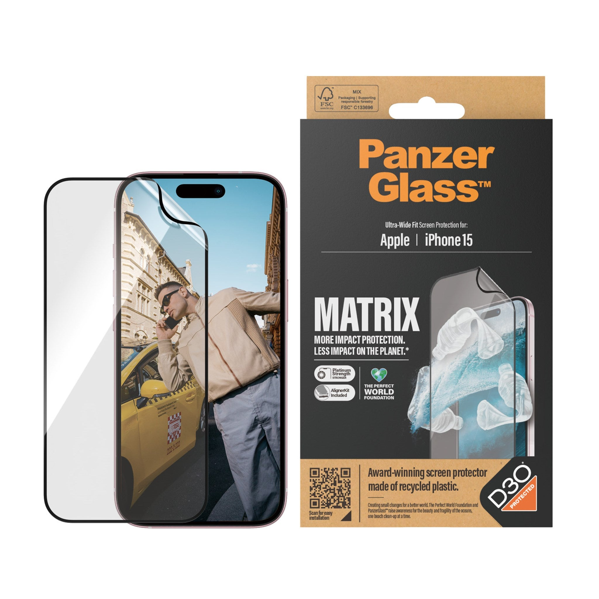 PANZERGLASS MATRIX Ultra-Wide iPhone Displayschutz(für Apple 15) Fit