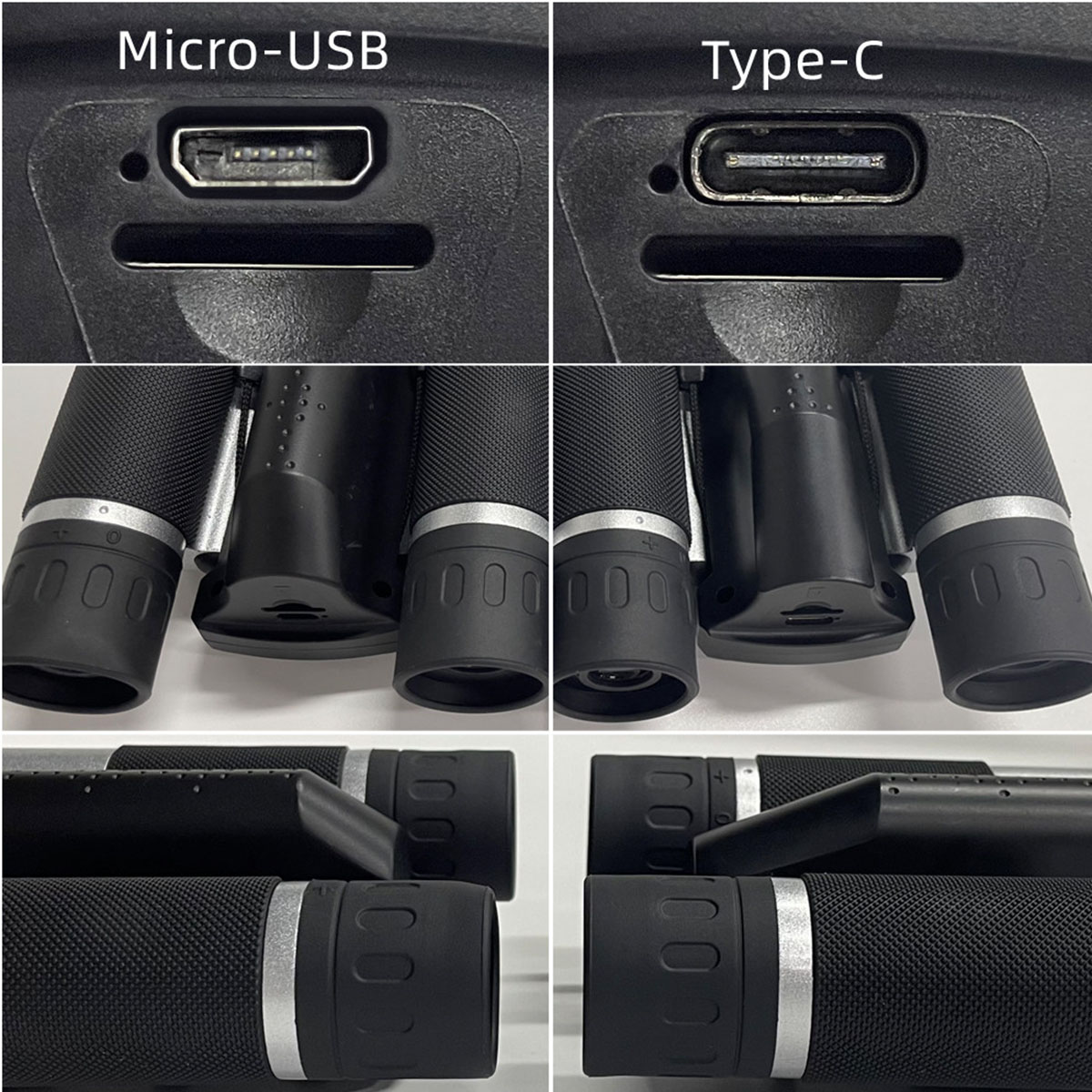 Nahaufnahme eines Fernglases mit Micro-USB- und Typ-C-Anschlüssen. Mehrere Ansichten aus verschiedenen Winkeln.