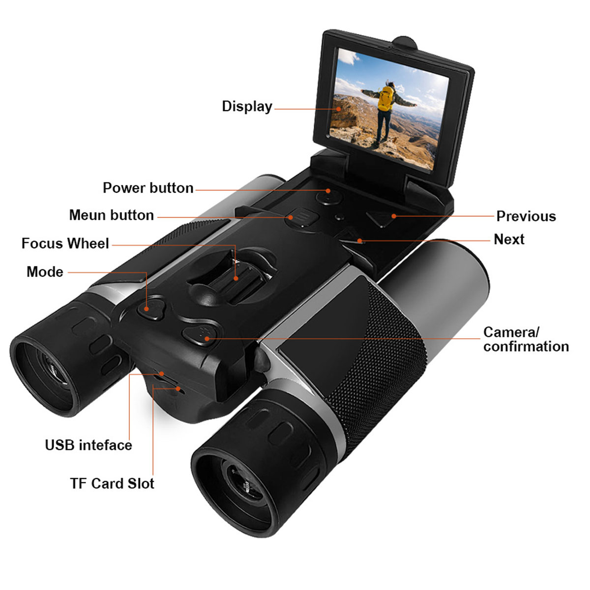 Schwarzes Fernglas mit Display. Knöpfe beschriftet: Power, Modus, USB und mehr.