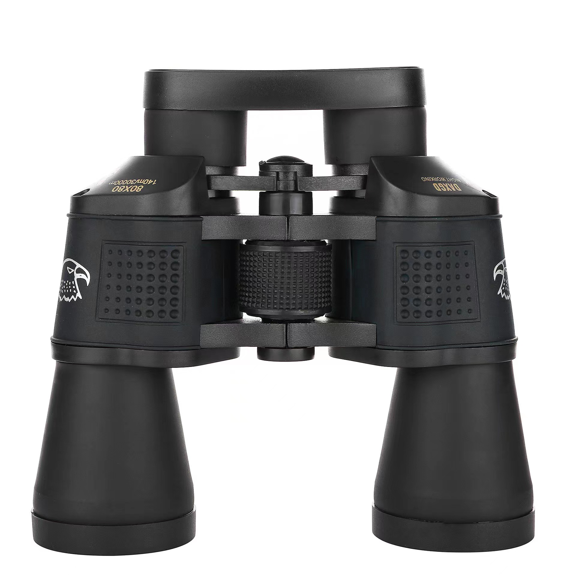 Schwarzes Fernglas mit zentralem Fokusrad. Weißer Hintergrund.
