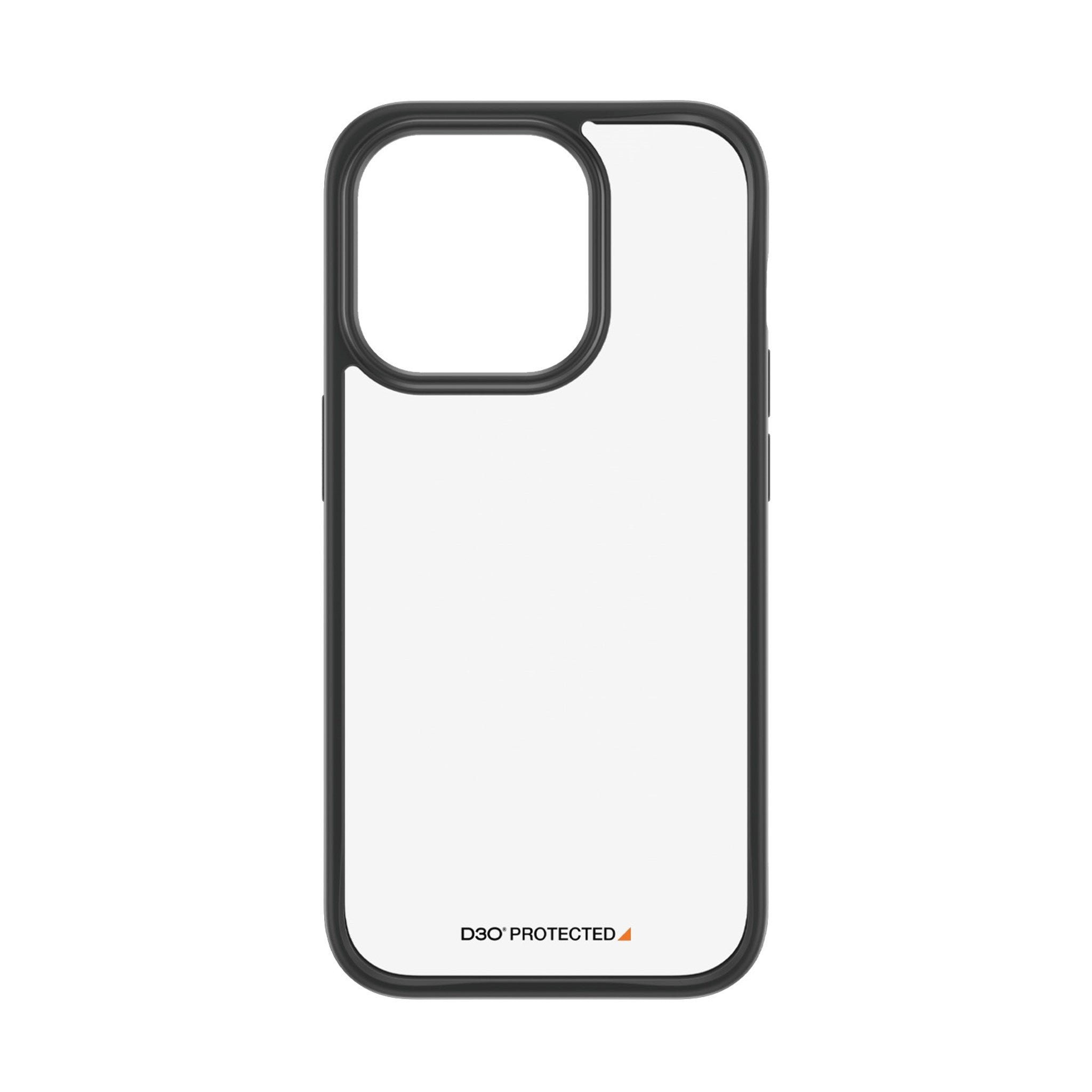 Eine transparente Handyhülle mit schwarzem Rand. Die Hülle hat einen Ausschnitt für die Kamera und die Marke D3O PROTECTED ist sichtbar.
