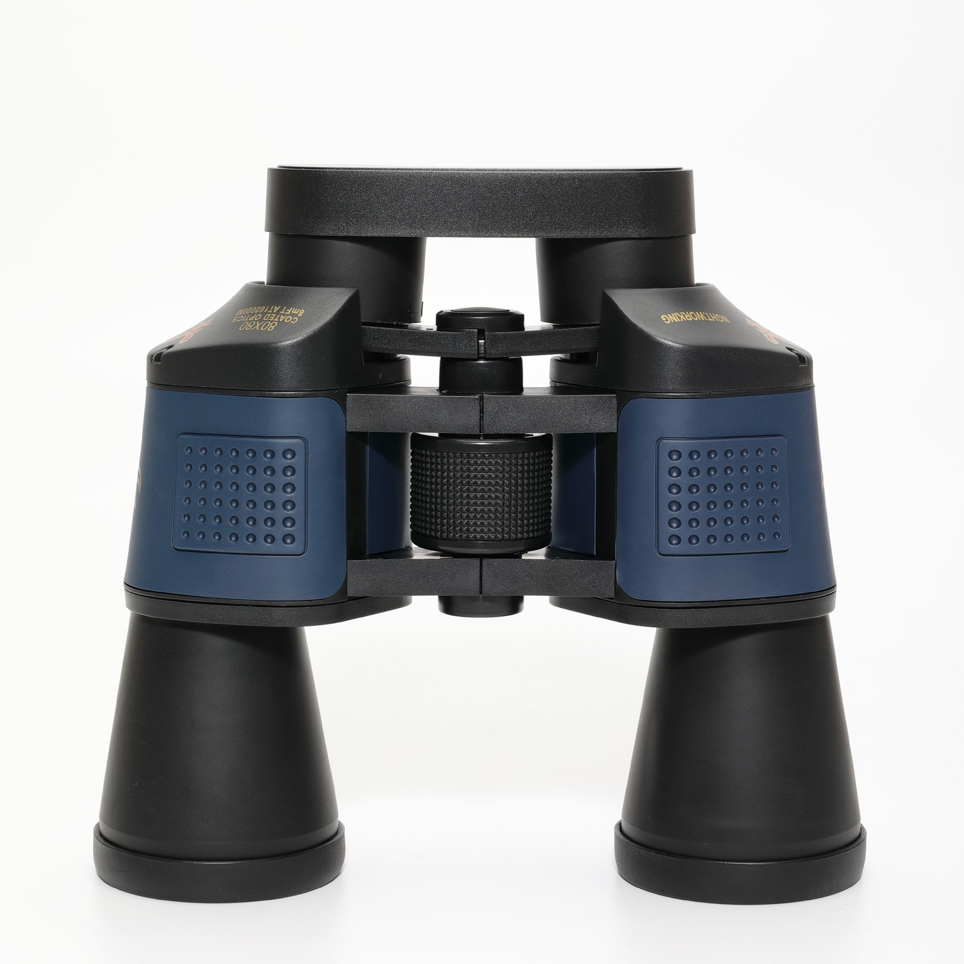 Fernglas, schwarz und blau, mit zentralem Fokusknopf und weißem Hintergrund.