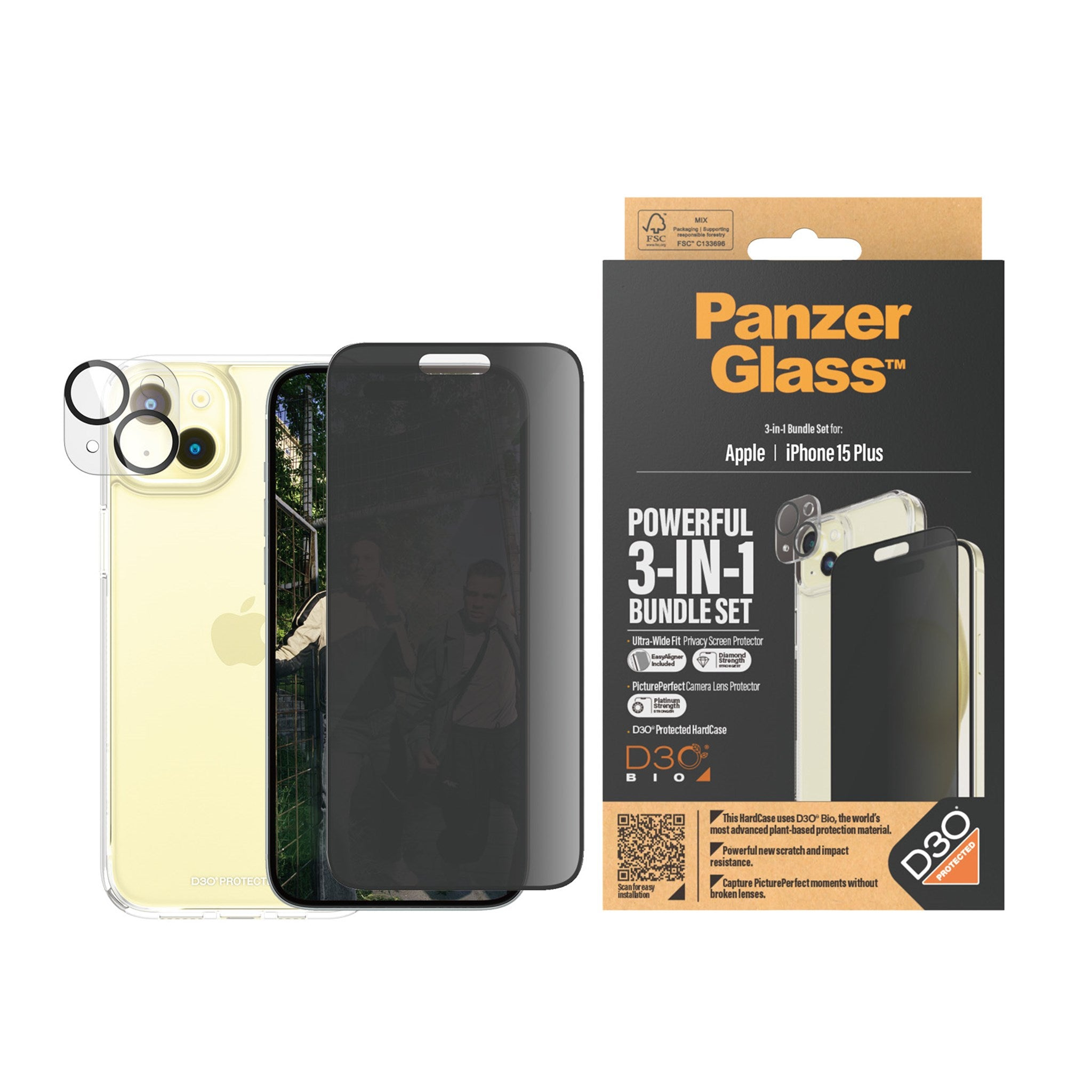 Protezioni schermo PanzerGlass e custodia per telefono. Apple iPhone 15 Plus. Confezione.