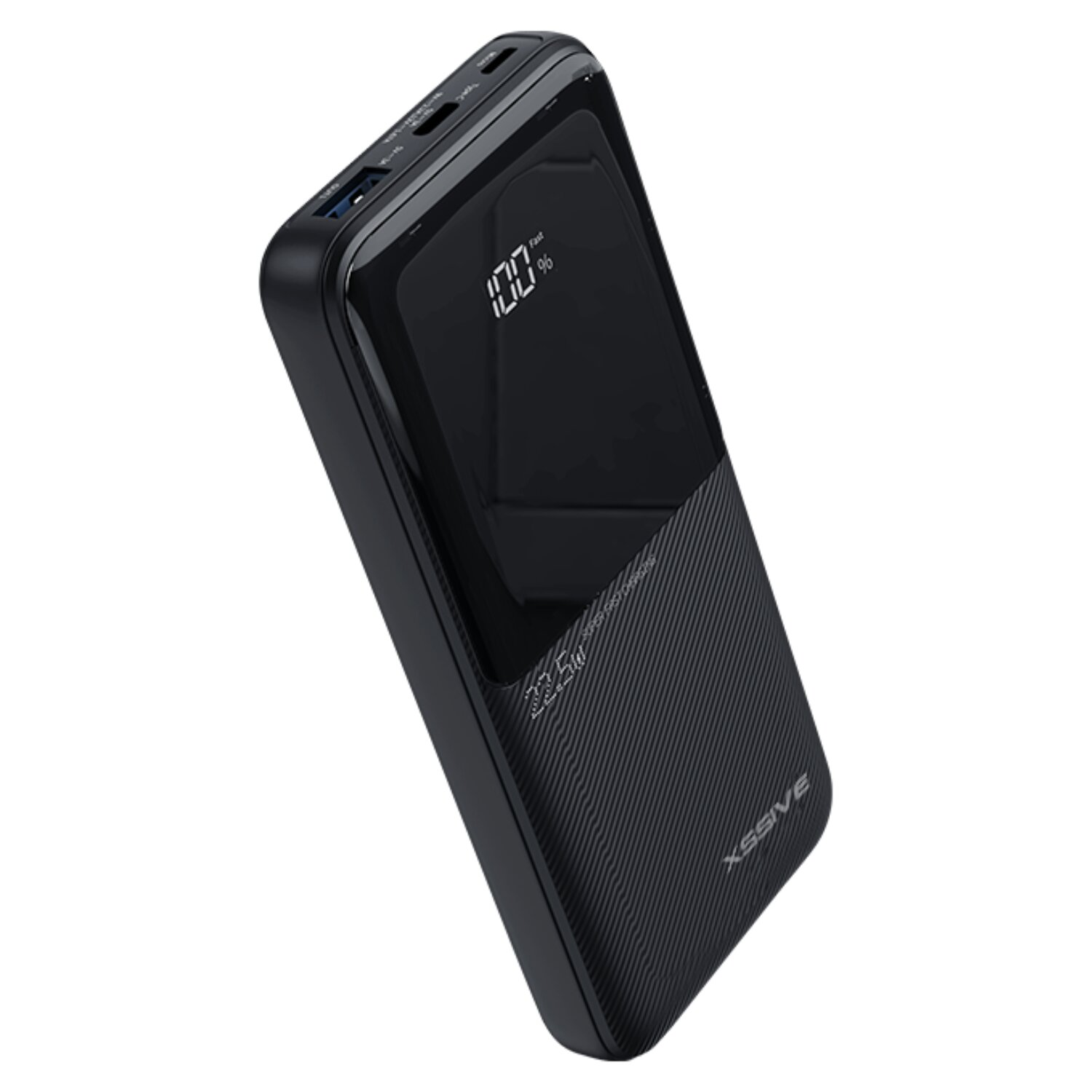 Eine schwarze Powerbank mit einem Bildschirm, der 100 % anzeigt, auf weißem Untergrund, mit glänzendem Finish.