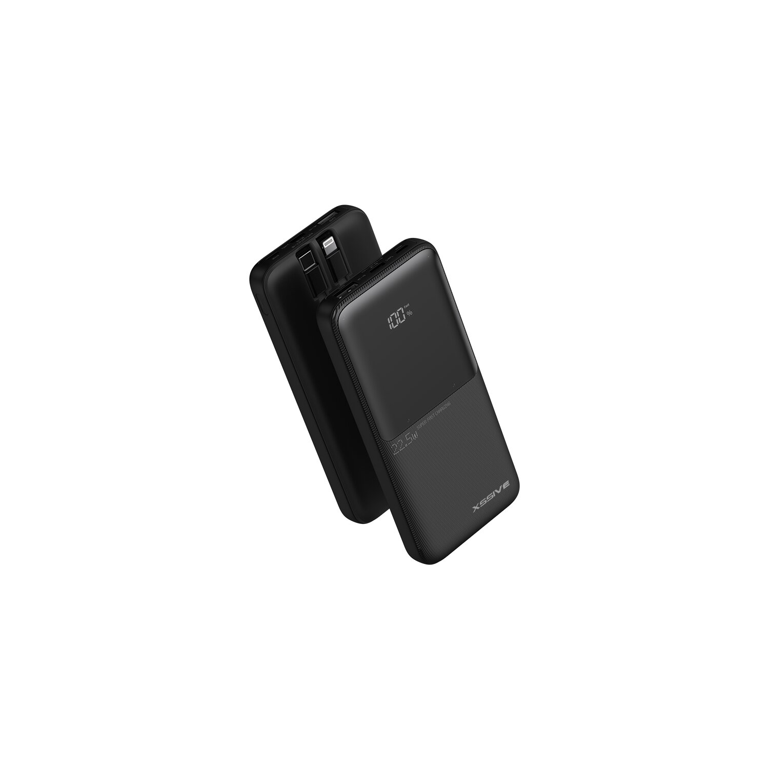 Zwei schwarze Powerbanks. Eine liegt obenauf und zeigt 100 % Ladung. Die andere liegt leicht dahinter.