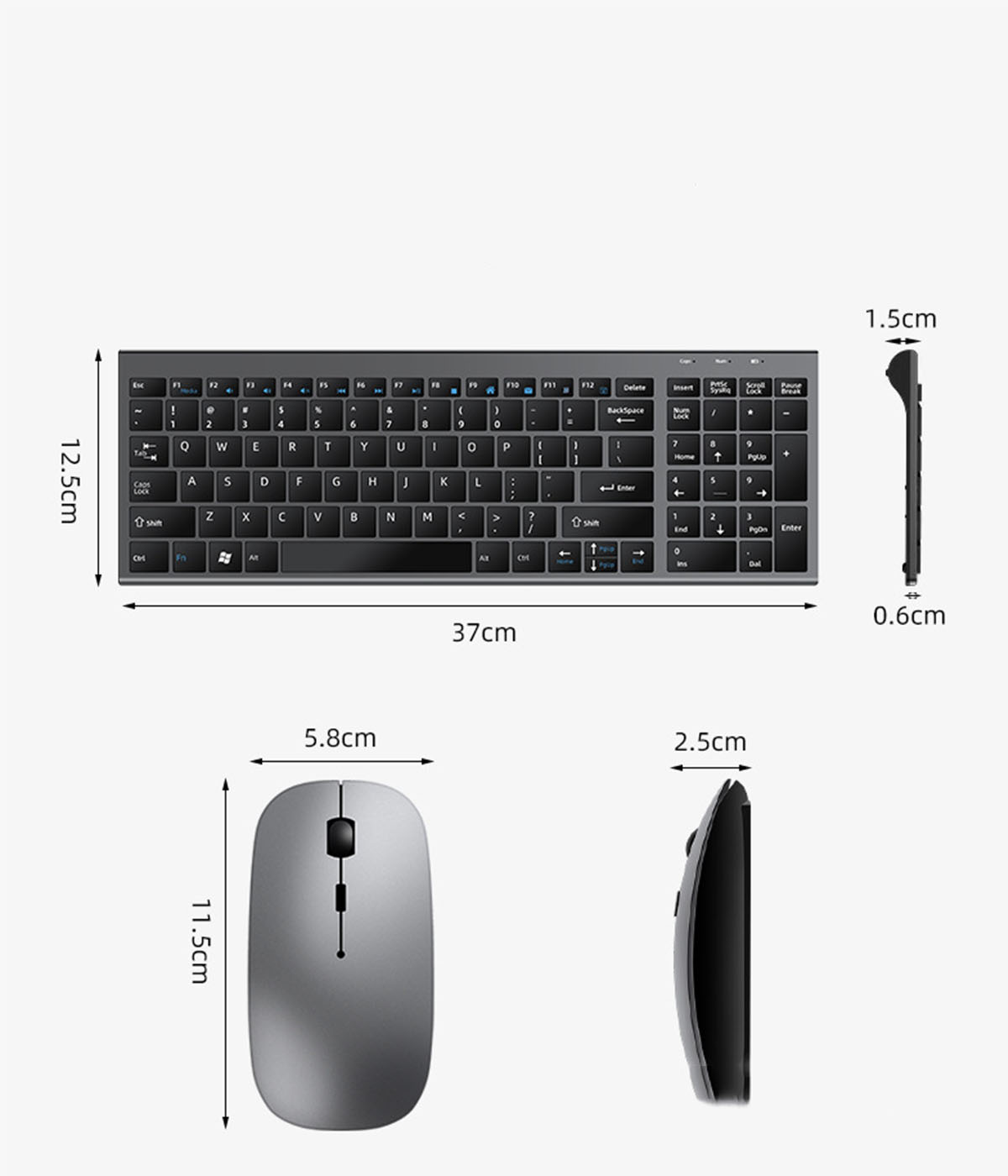 Tastatur- und Maus-Set. Die Tastatur ist schwarz mit weißen Tasten. Maße sind angegeben.