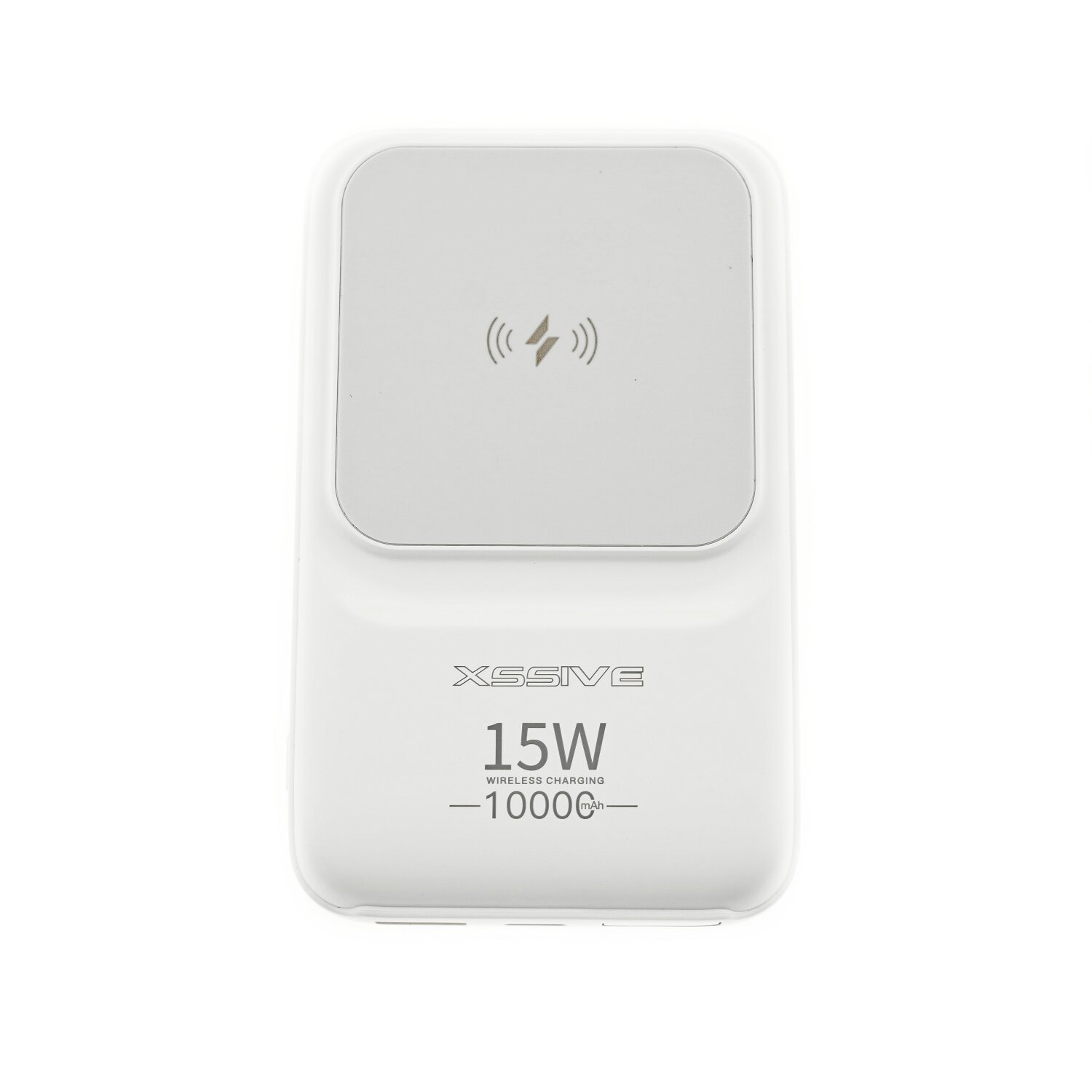 Weißes kabelloses Ladepad mit Ladesymbol und Text 'XSSIVE 15W - 10000mAh'.