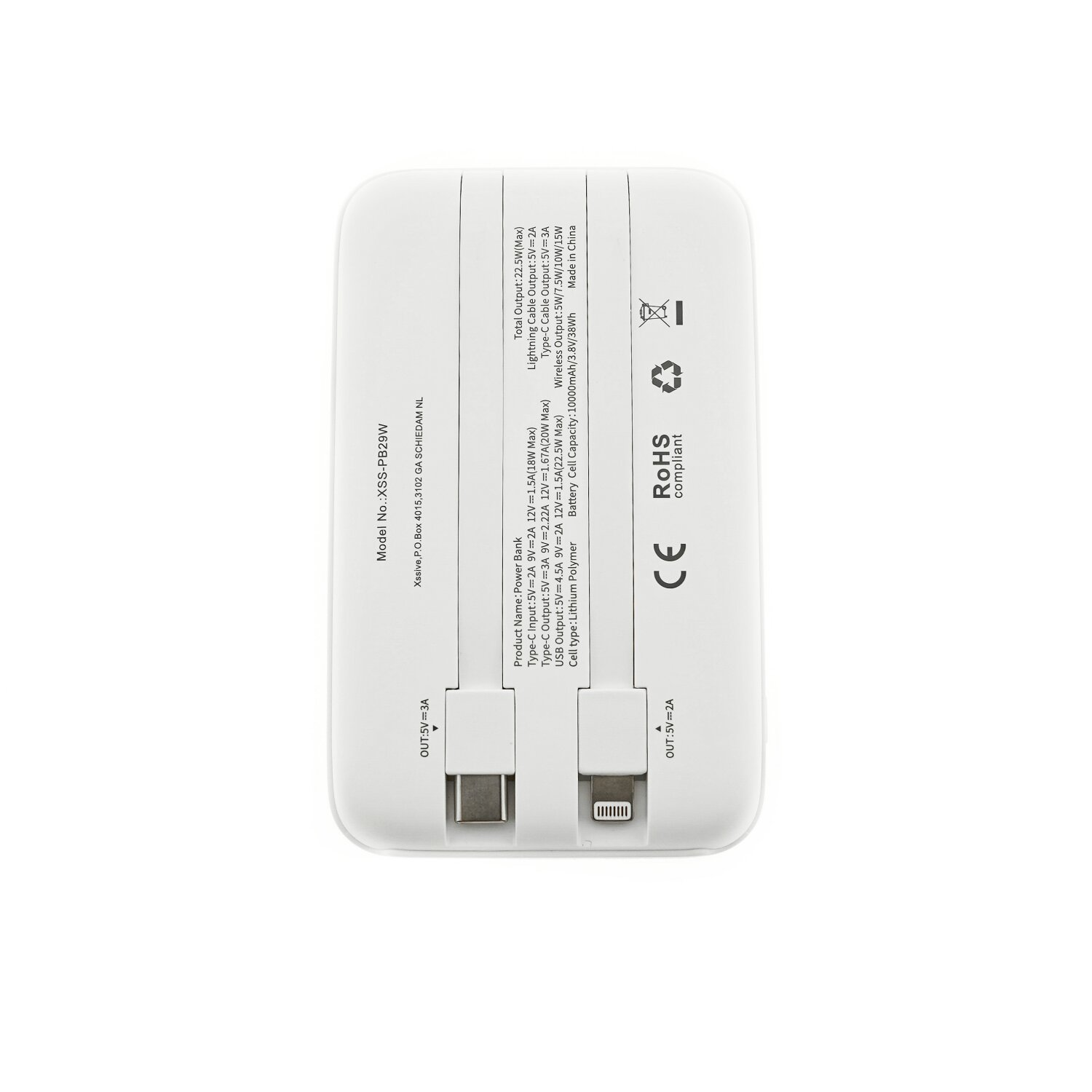 Eine weiße Powerbank mit zwei USB-Anschlüssen und Text.