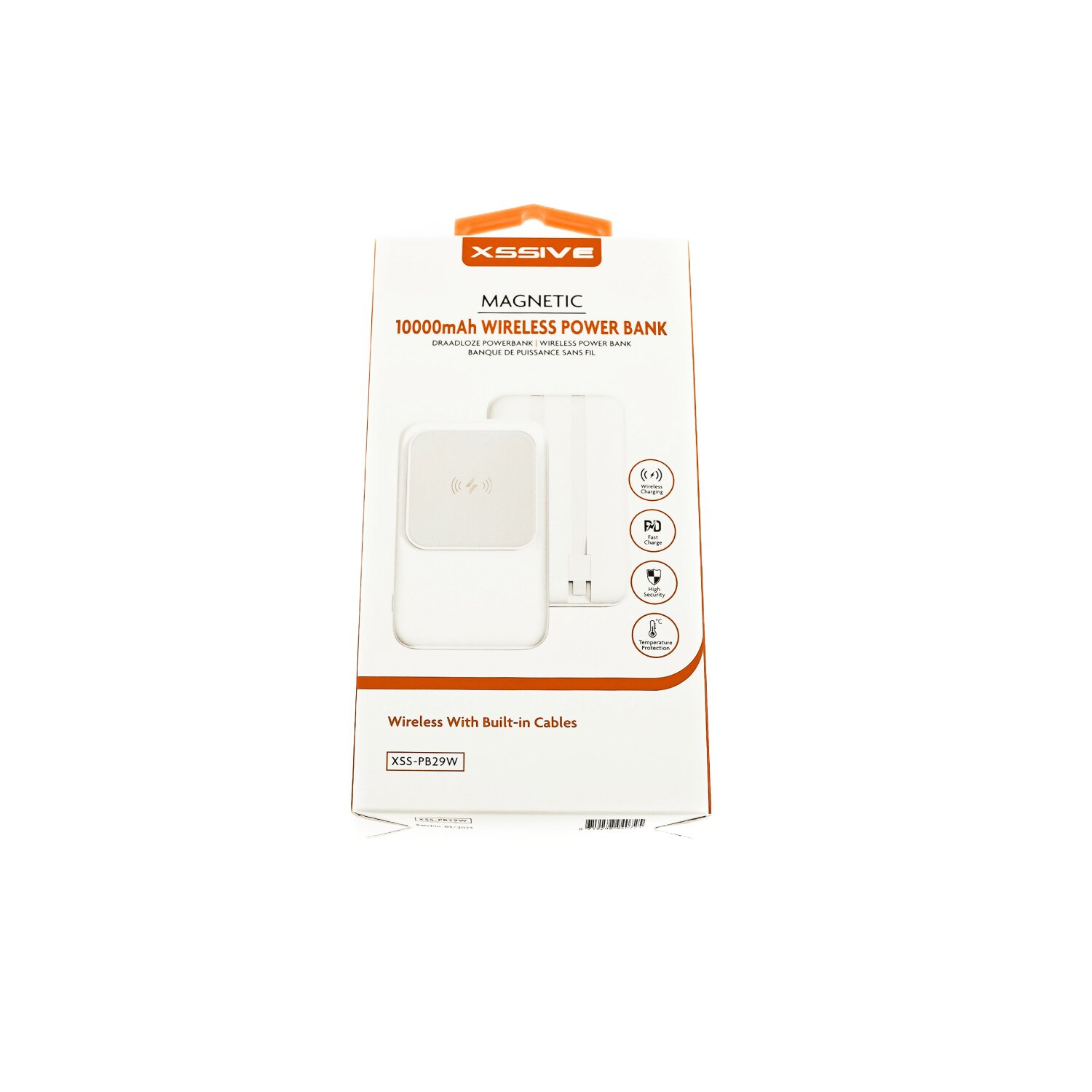 Eine weiße Powerbank-Box mit einer magnetischen kabellosen Powerbank und einem Kabel.