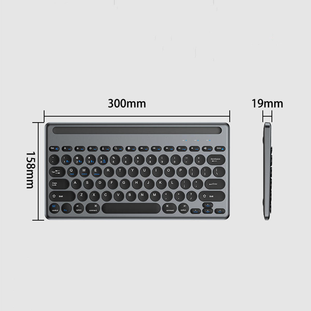 Graue kabellose Tastatur mit Maßangaben. Die Tastatur ist 300 mm lang, 158 mm breit und 19 mm dick.