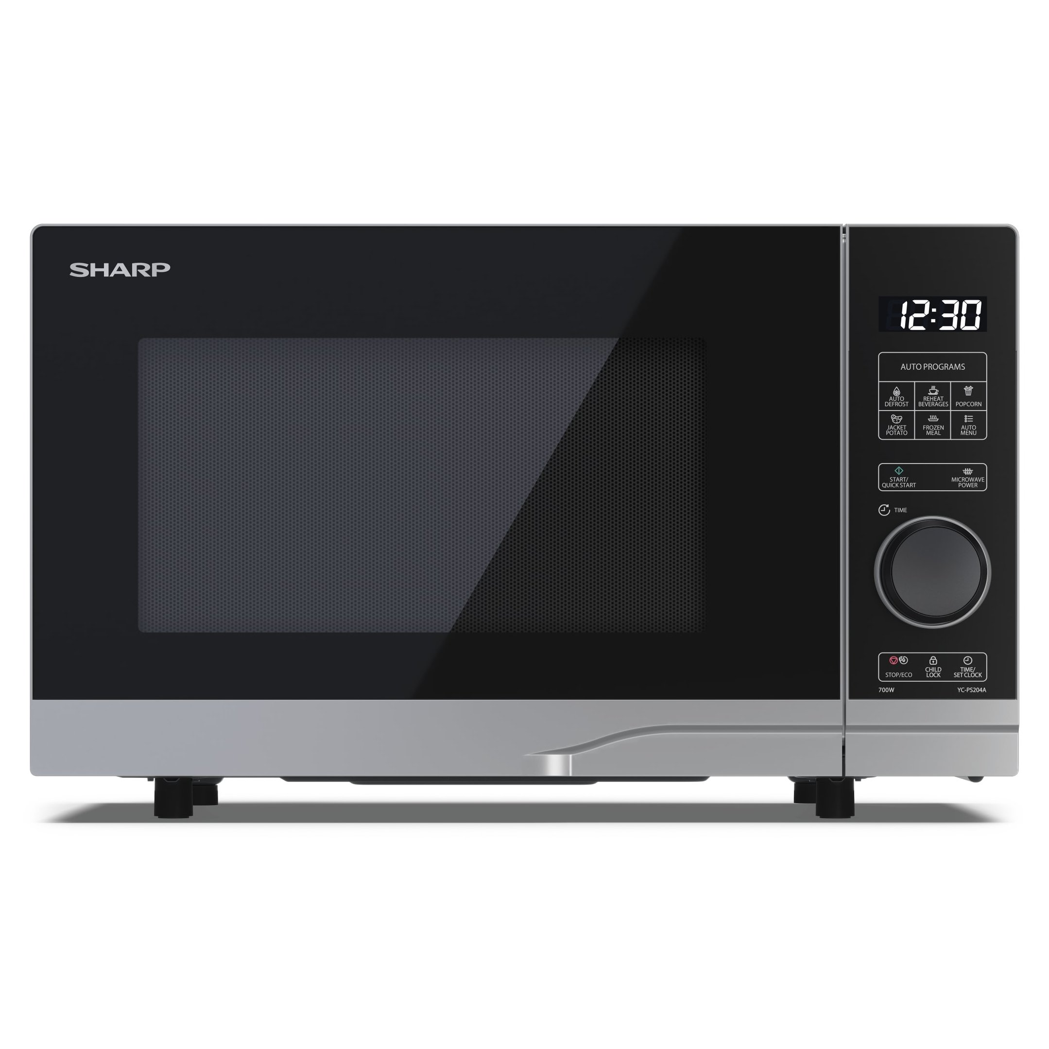 Czarna kuchenka mikrofalowa Sharp. Posiada wyświetlacz cyfrowy i przyciski. Srebrne wykończenie na dole.