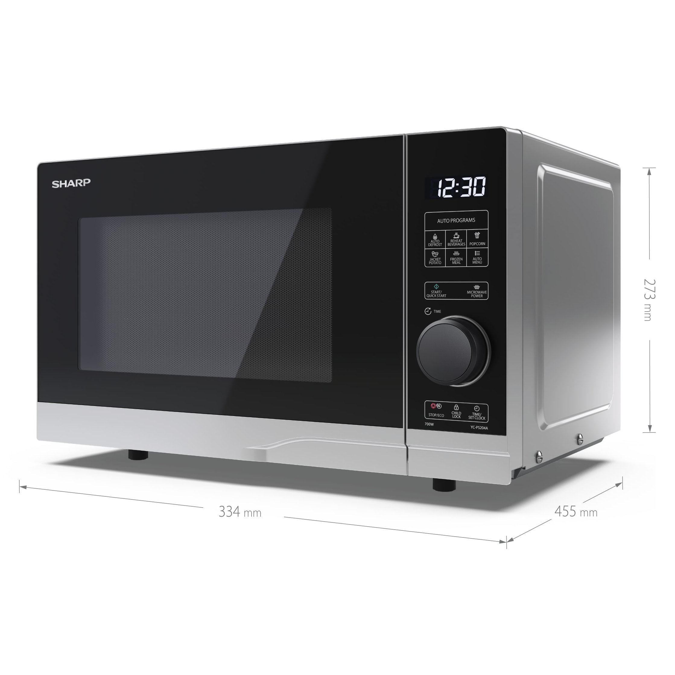 Srebrna kuchenka mikrofalowa z czarnymi szklanymi drzwiami. Wymiary są wskazane. Szara powierzchnia.