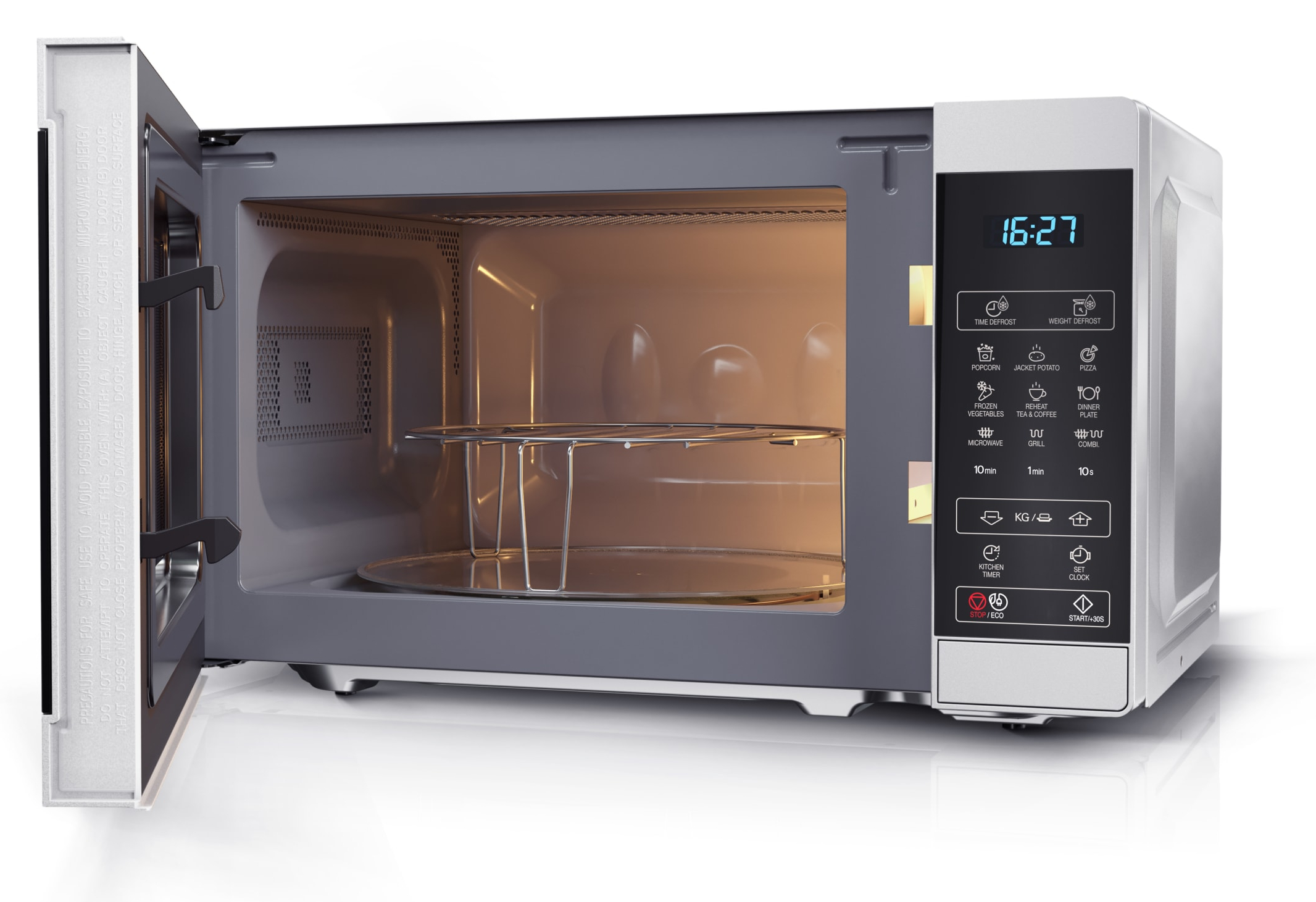 Un forno a microonde è mostrato aperto. L'interno è visibile. C'è una griglia metallica all'interno.