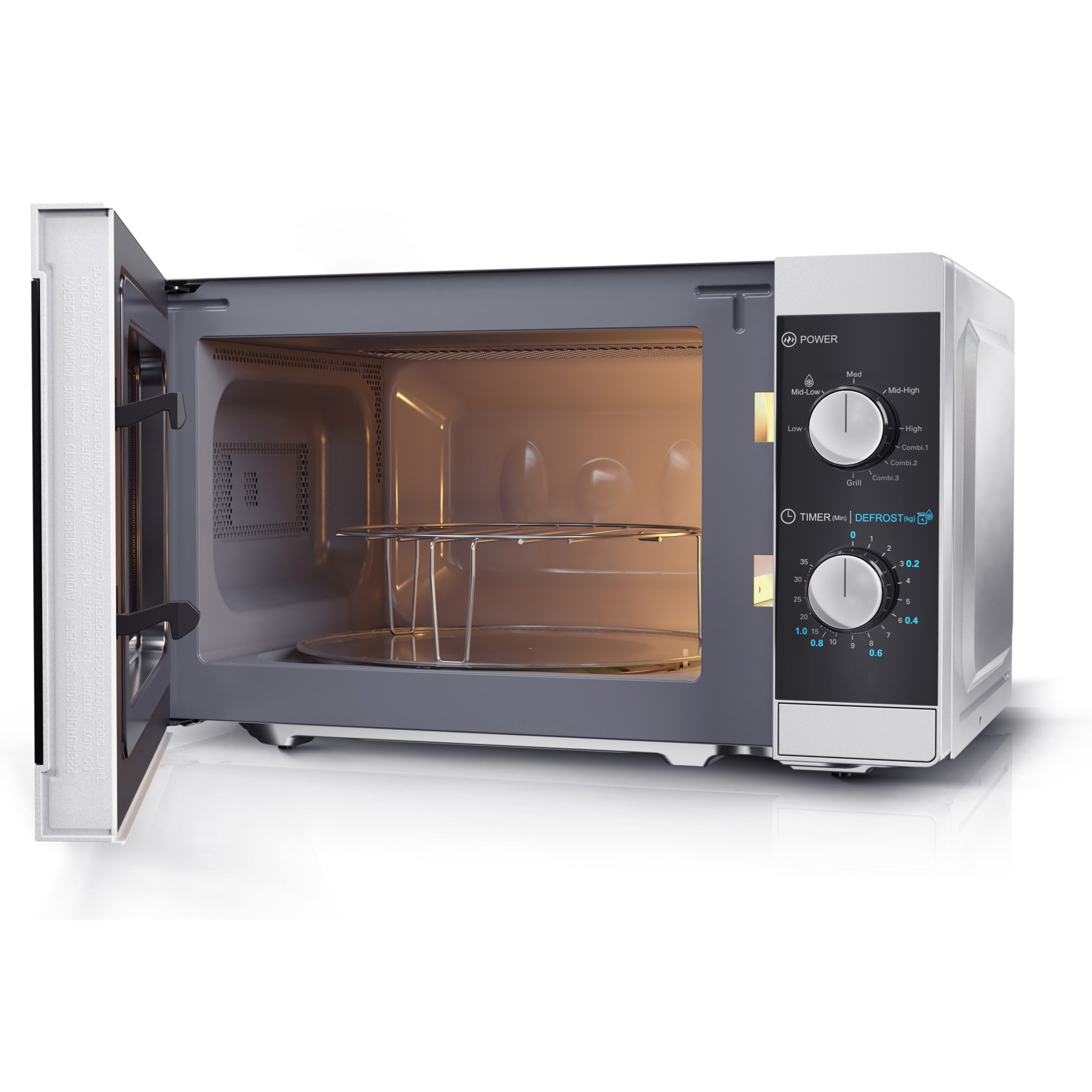 Biała kuchenka mikrofalowa z otwartymi drzwiami. Wnętrze z szklaną tacą i światłem.