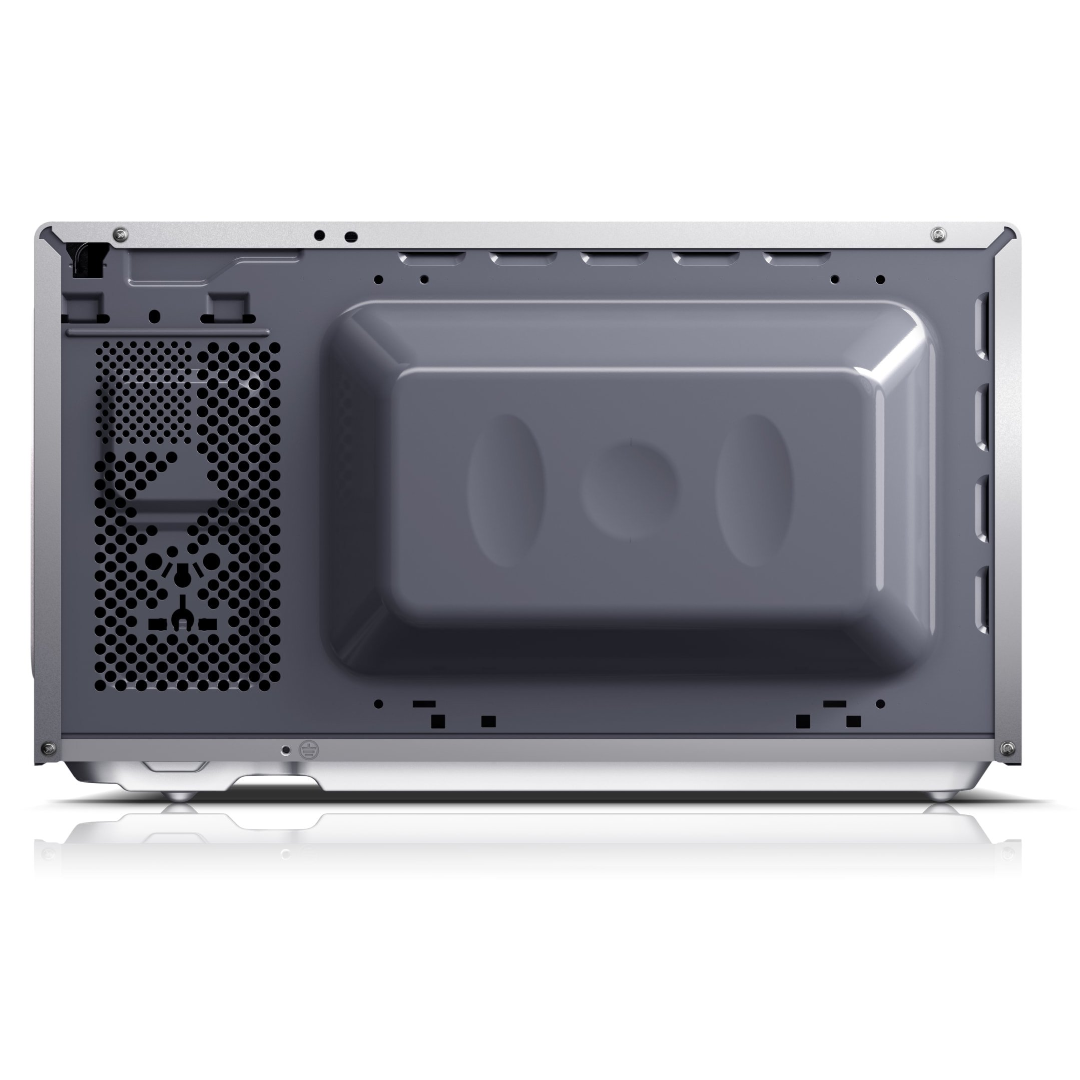 Widok od spodu srebrno-szarej kuchenki mikrofalowej z otworami wentylacyjnymi.