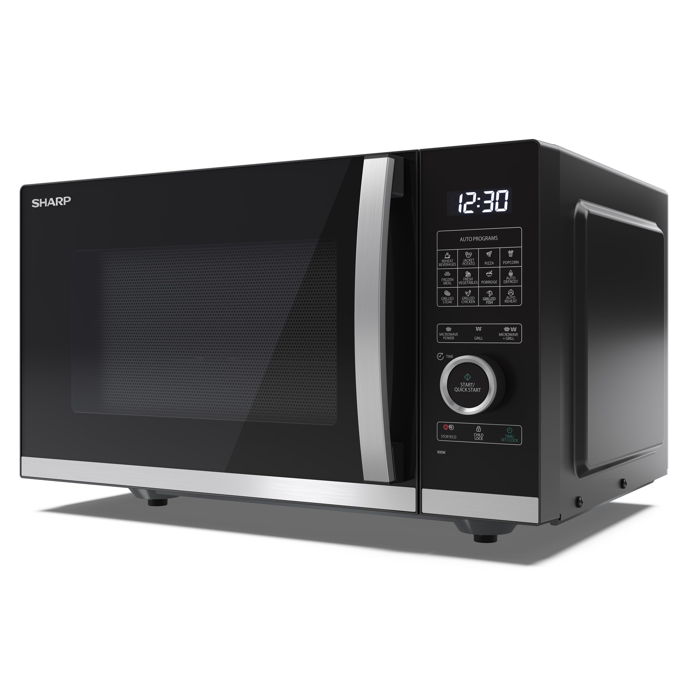 Forno a microonde Sharp nero con display digitale e pannello di controllo.
