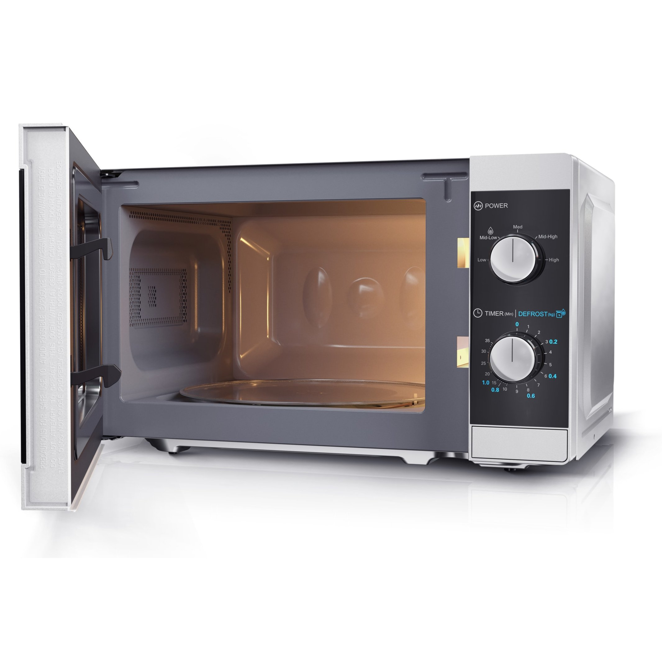 Un horno microondas con la puerta abierta, mostrando el interior y el panel de control a la derecha.