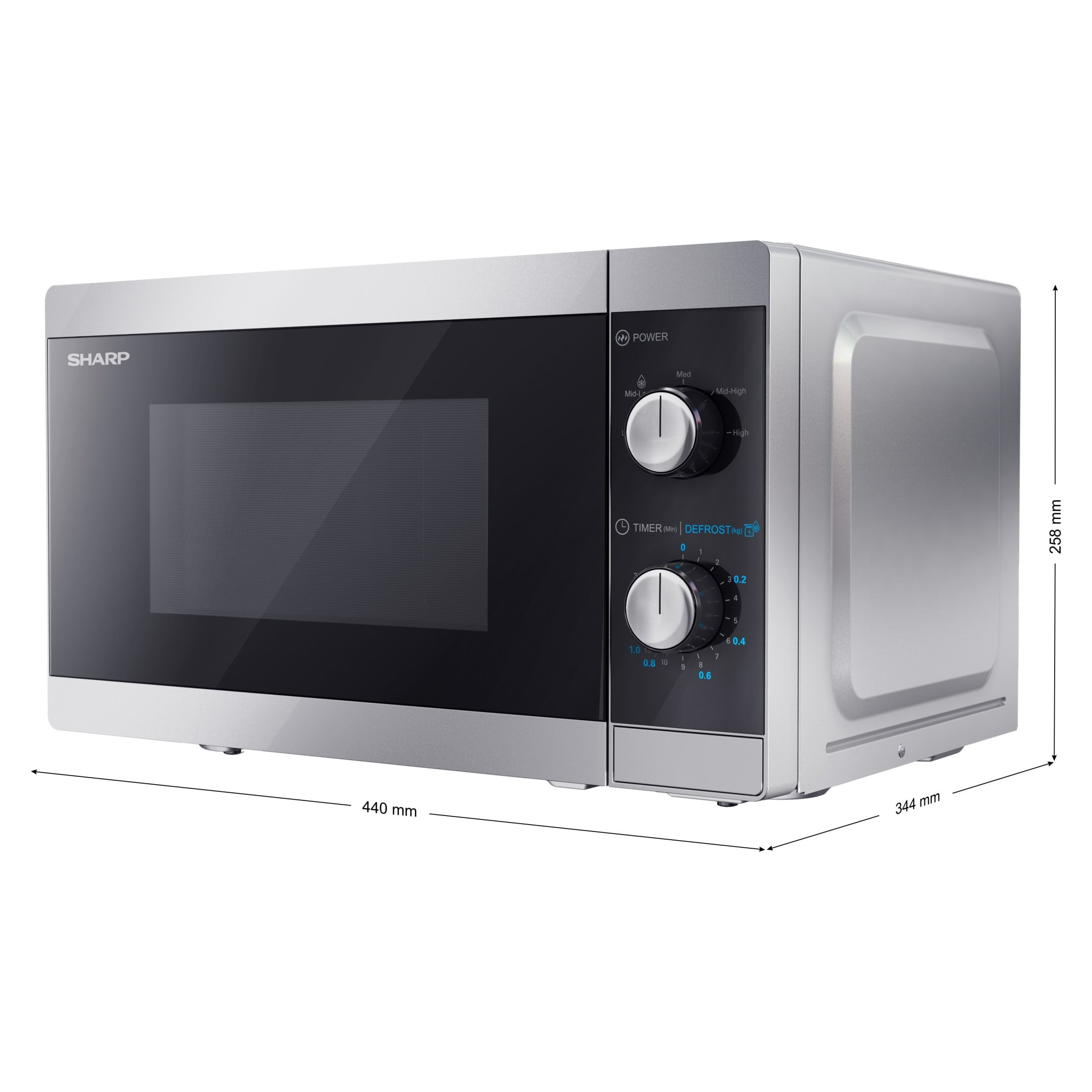 Un horno microondas plateado con puerta negra y panel de control a la derecha.