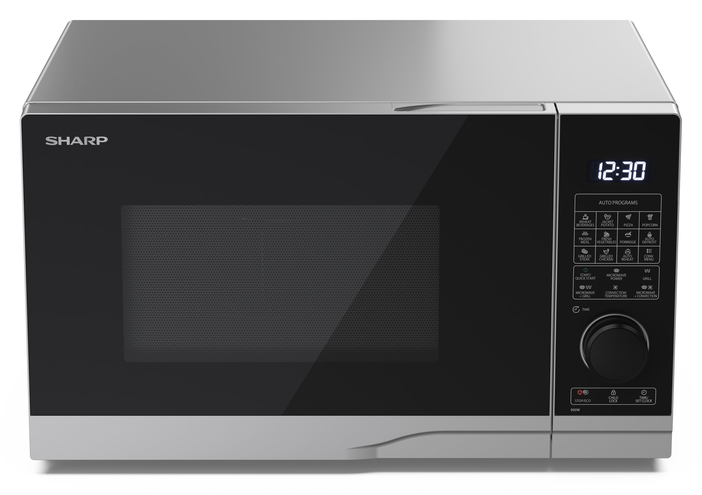 Forno a microonde argento e nero con display digitale, pulsanti e manopola. Sfondo bianco.