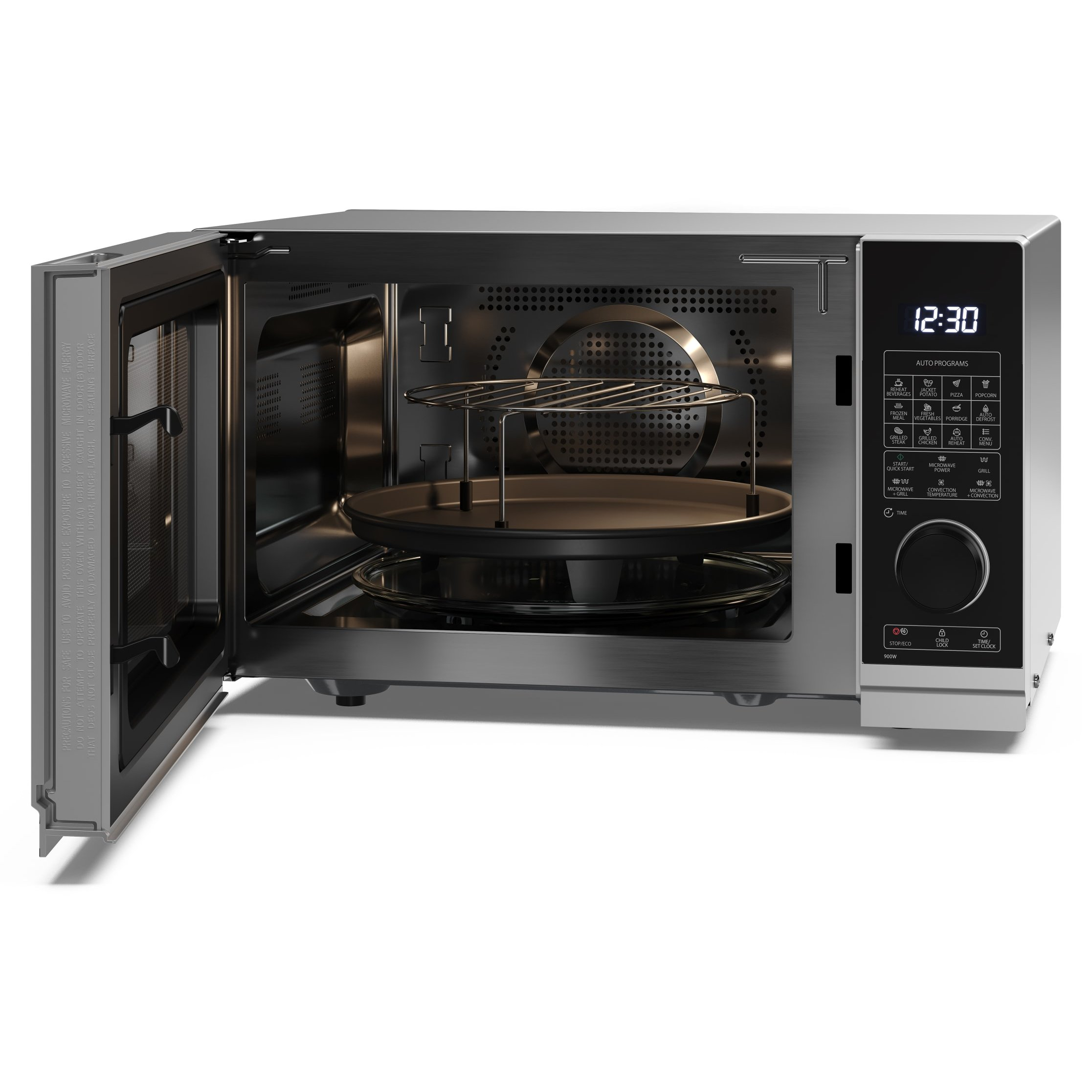 Forno a microonde argentato con la porta aperta, che rivela l'interno con un piatto rotante e una griglia.