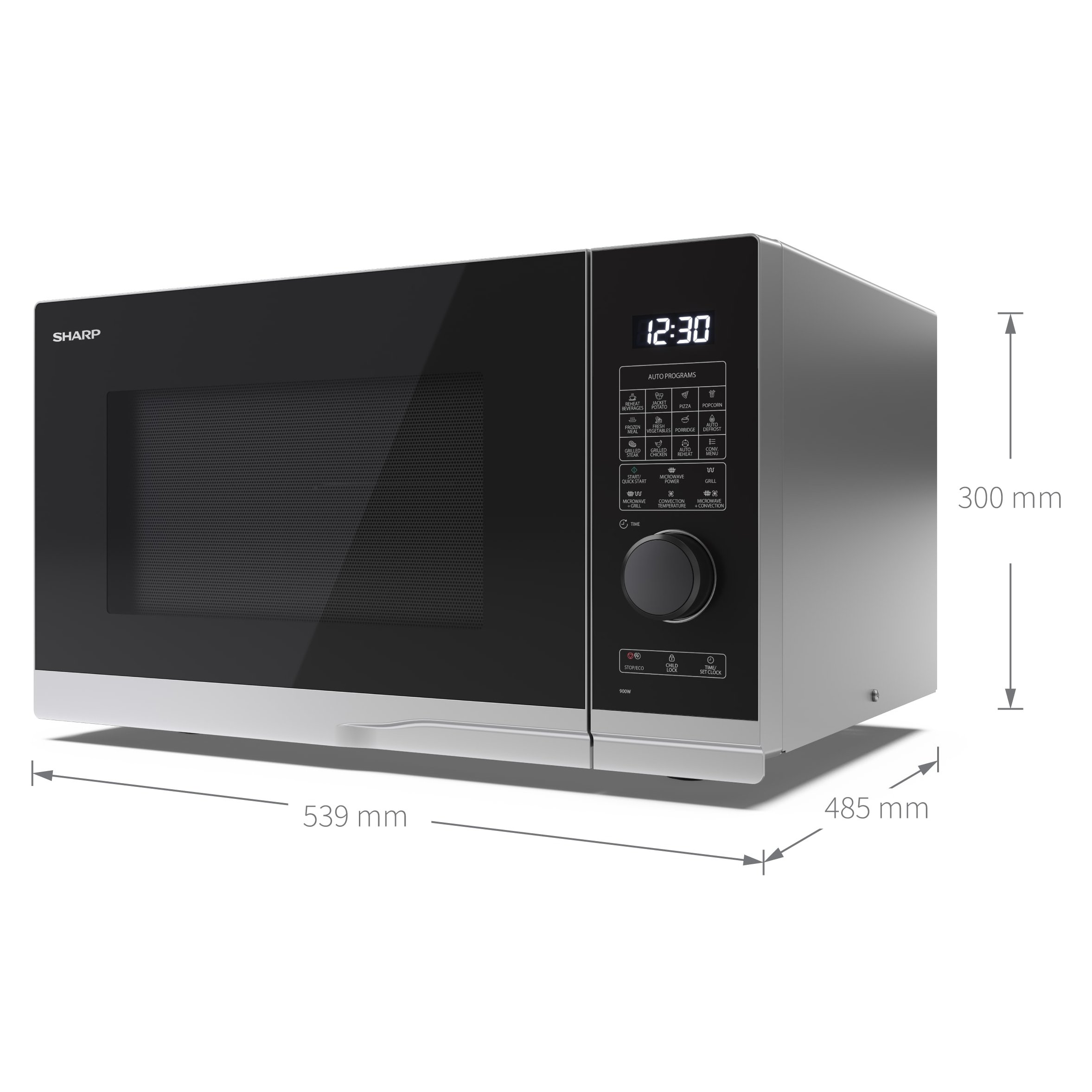 Microonde argento con porta nera, display digitale e dimensioni indicate in mm.