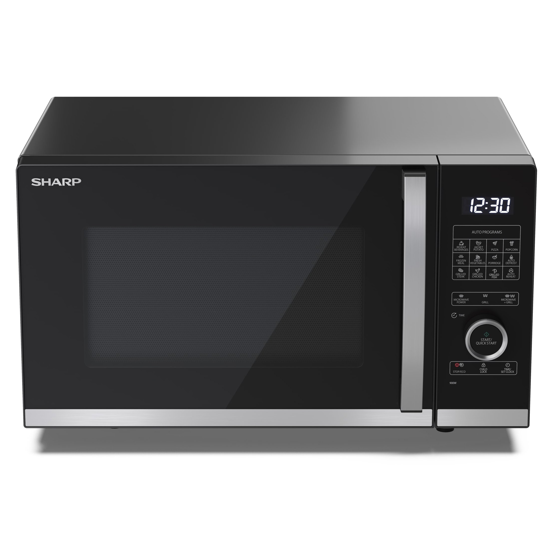 Forno a microonde Sharp nero con display digitale, finiture argentate e porta in vetro.